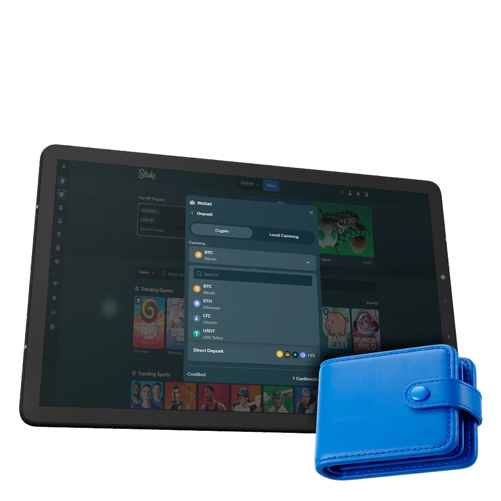 A screenshot of Stake's payment methods page, showcasing various deposit and withdrawal options. The image includes a clear overview of available methods.