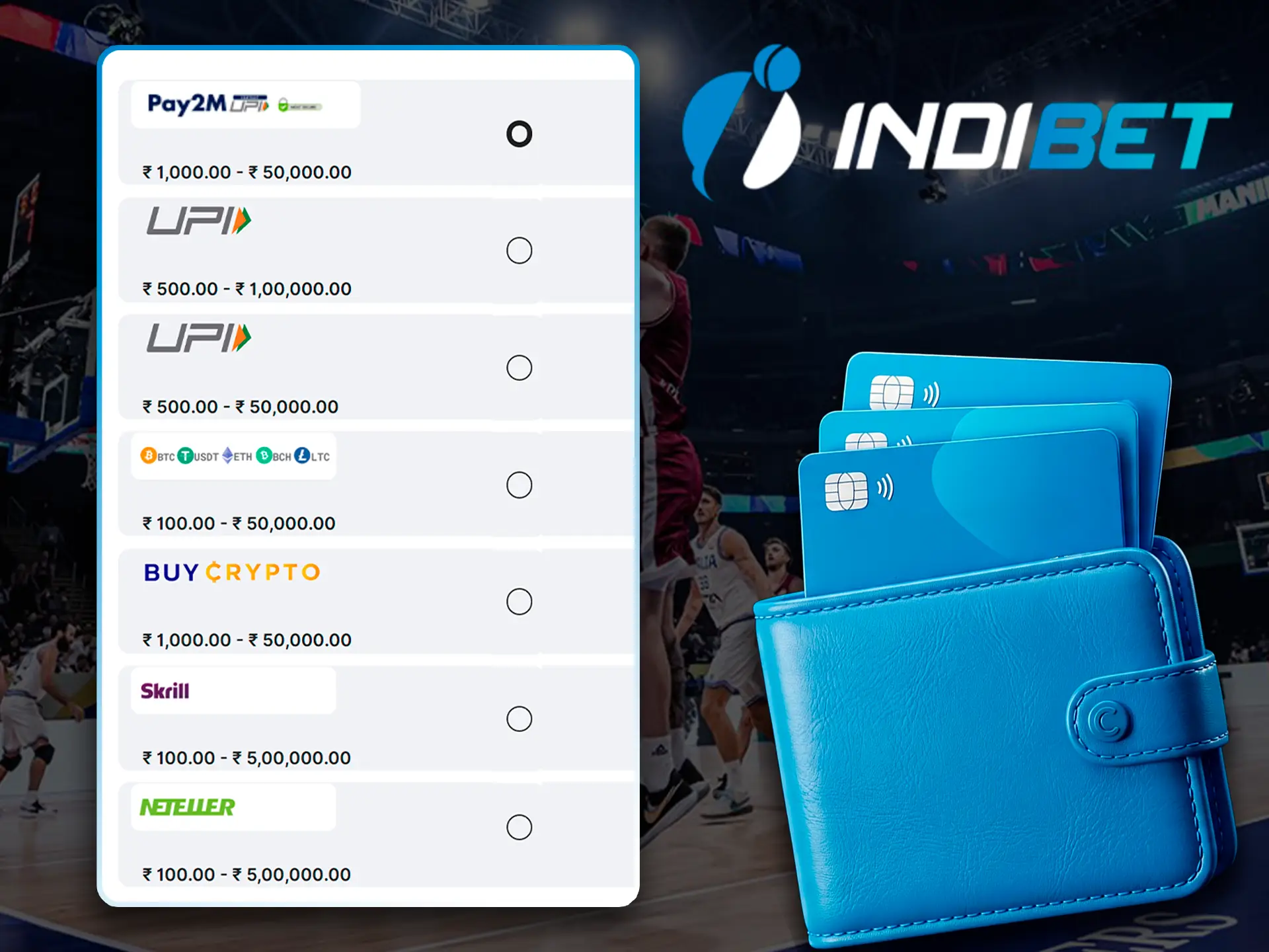Indibet gives you great options for funding your account including most types of cryptocurrencies.