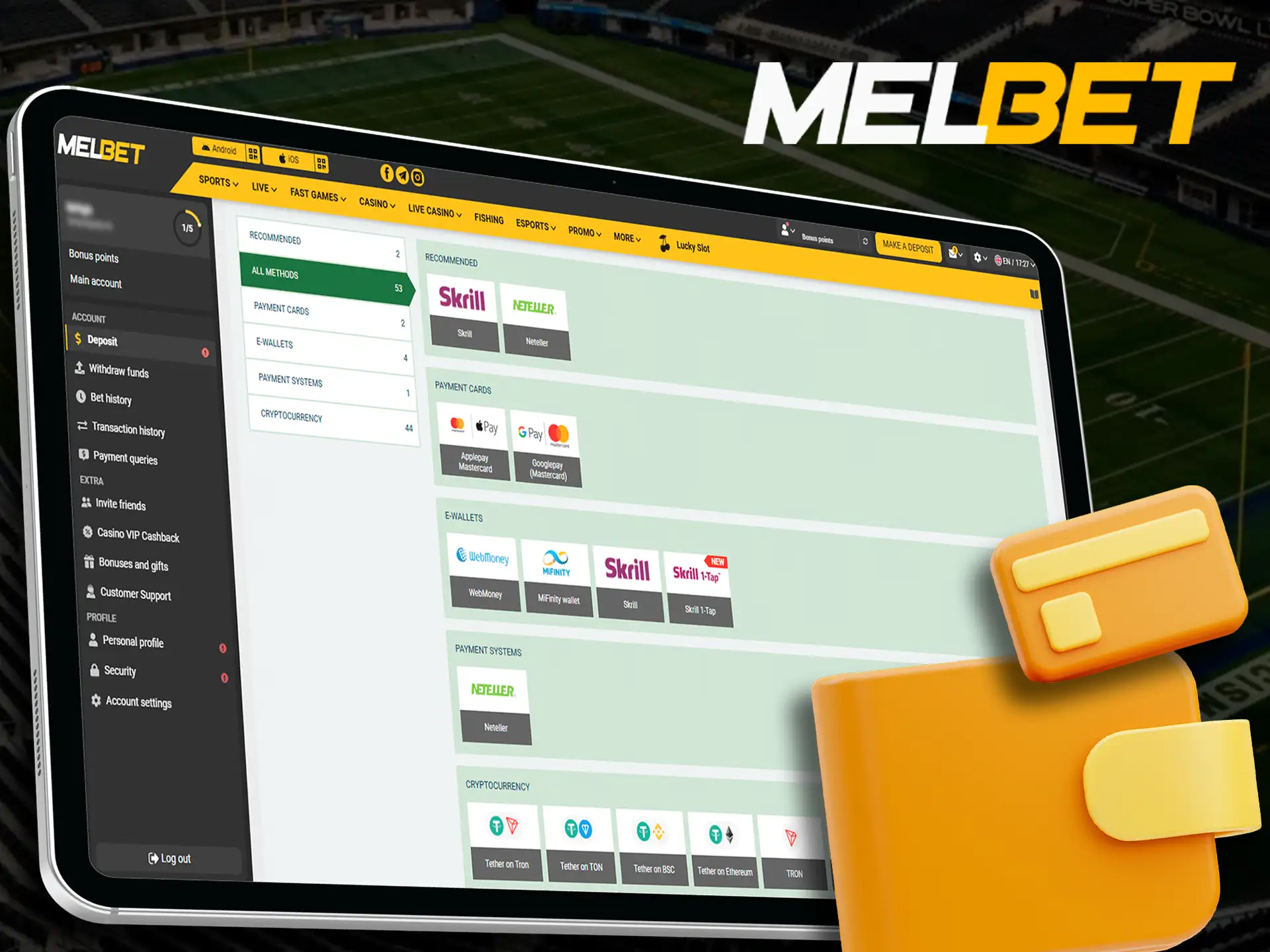 Laptop displaying Melbet deposit methods and options.