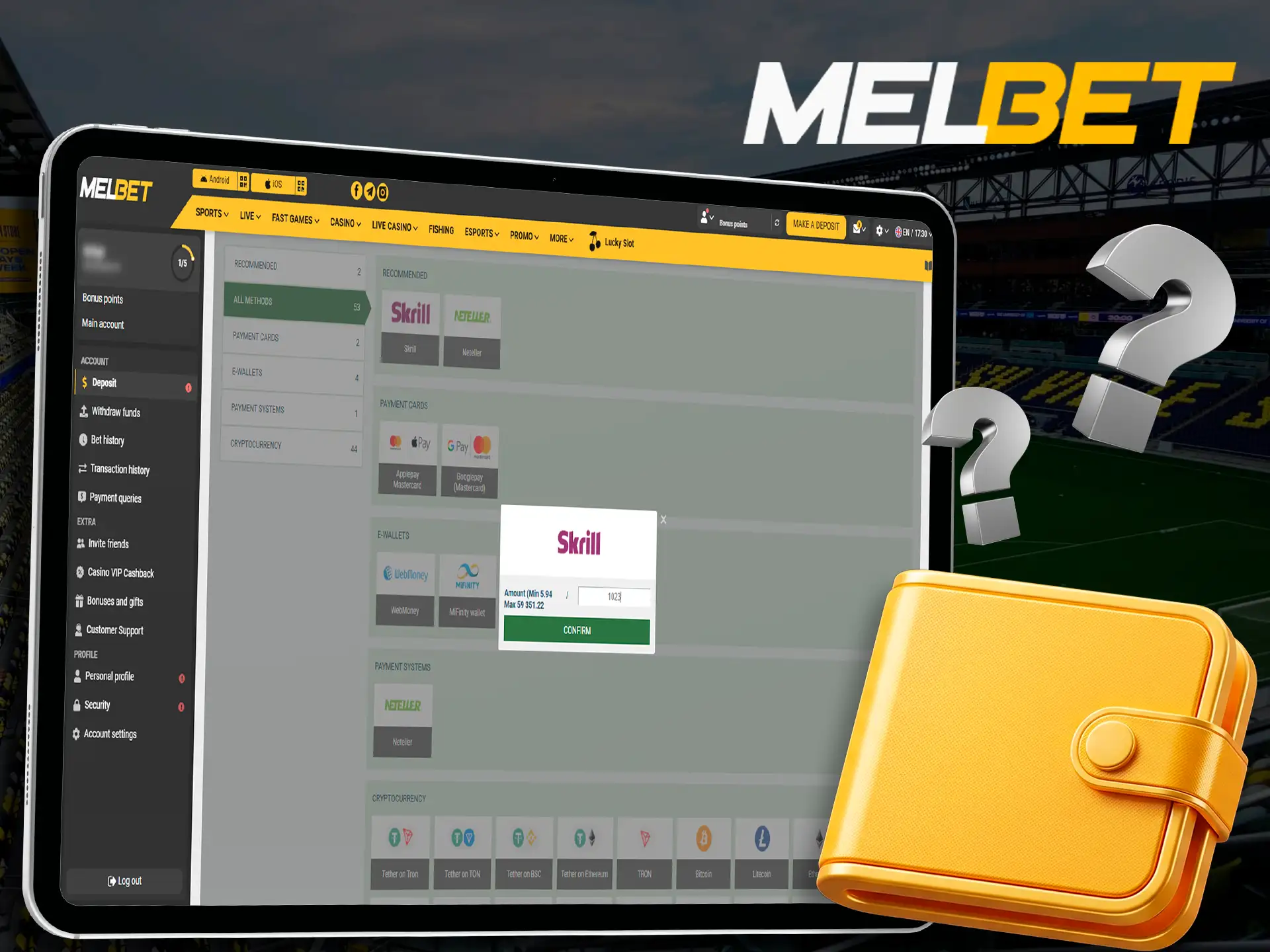 Laptop displaying Melbet deposit instructions and steps.