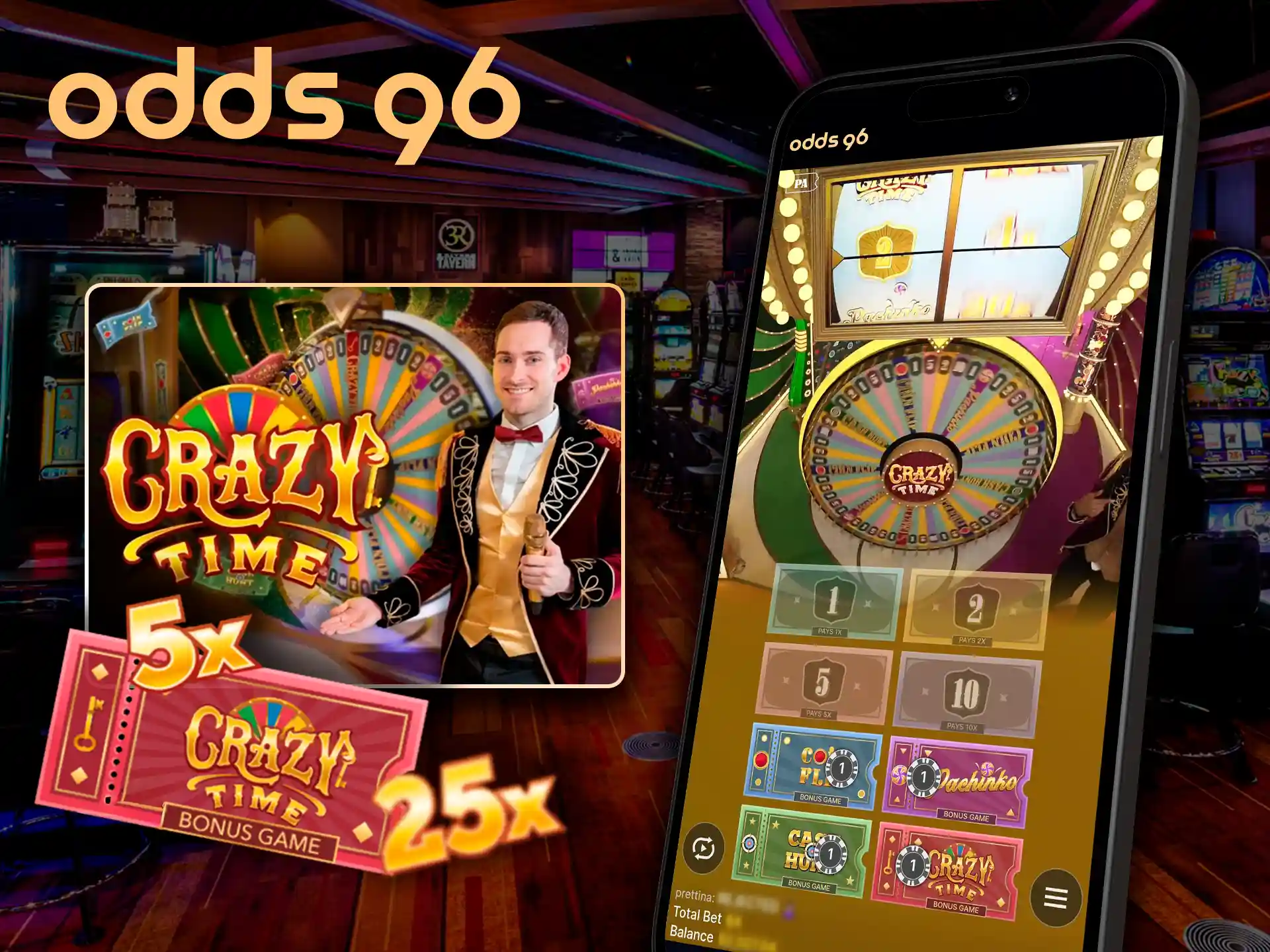 Enjoy Crazy Time live show in the Odds96 casino.