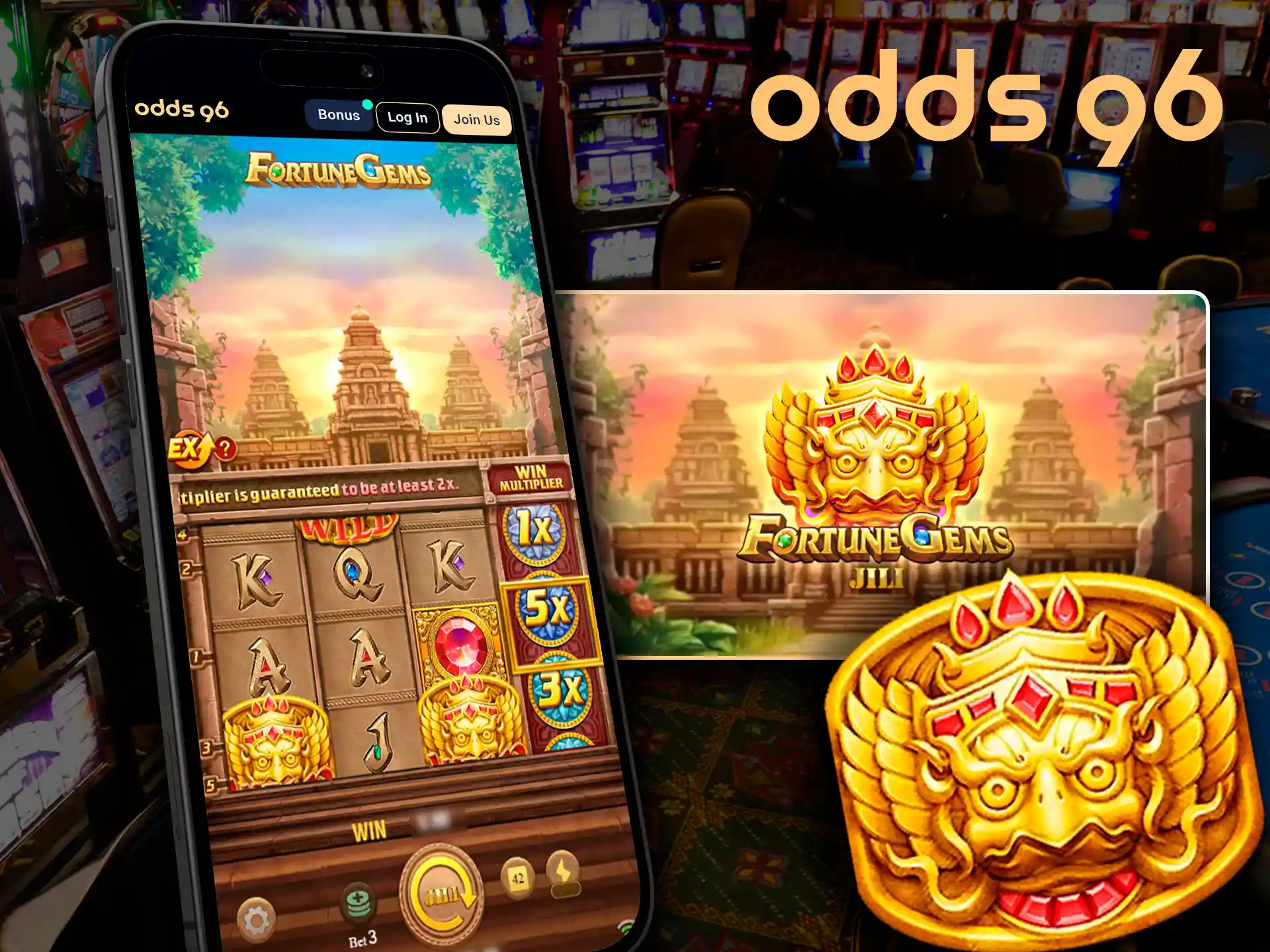 Spin Fortune Gems slot machine in the Odds96 application.