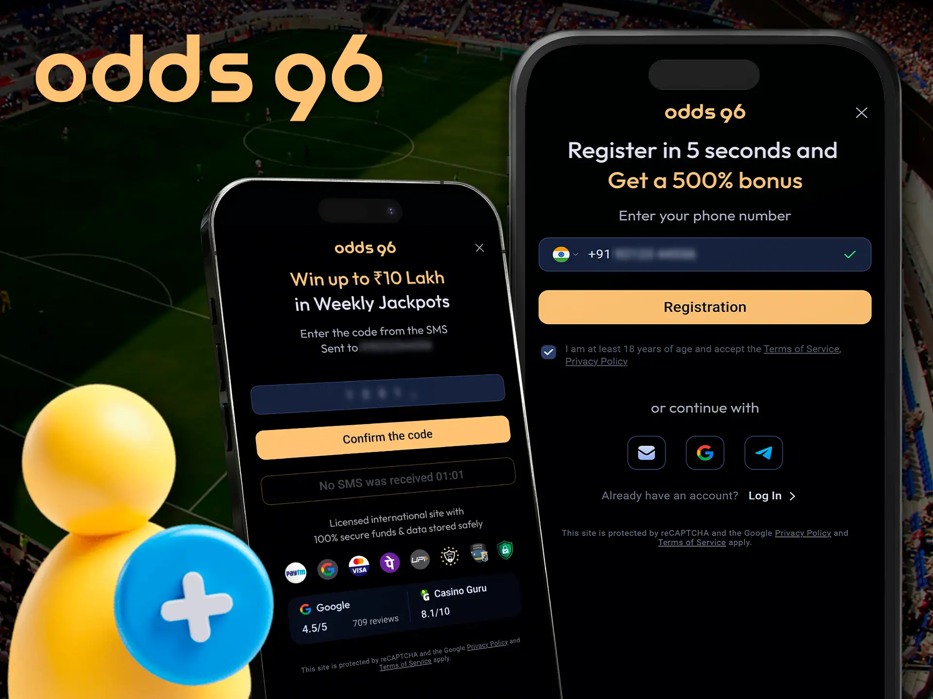 Sign up process for new users in Odds96 app.