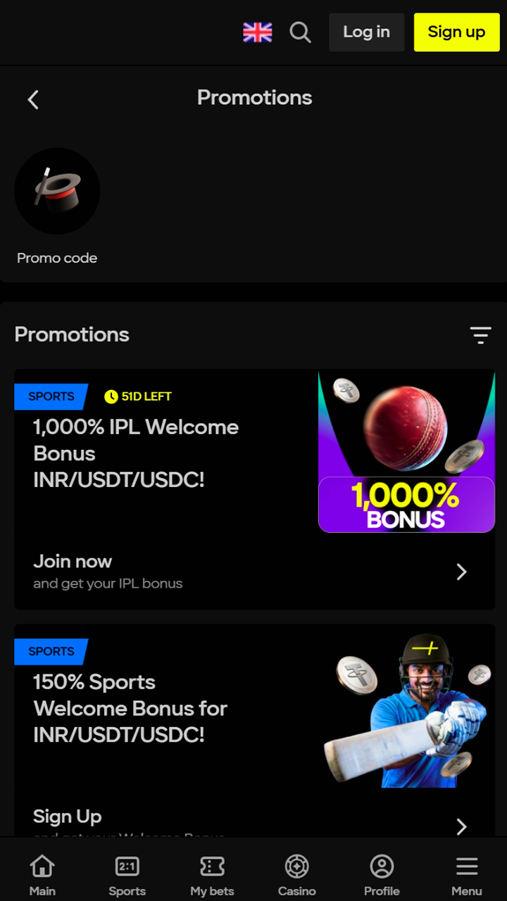 The Parimatch mobile application has many different casino and sports bonuses.