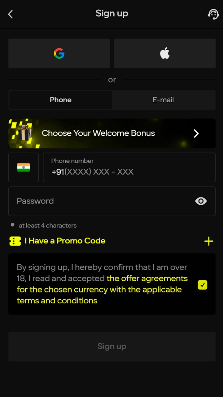 Register in the Parimatch mobile application.