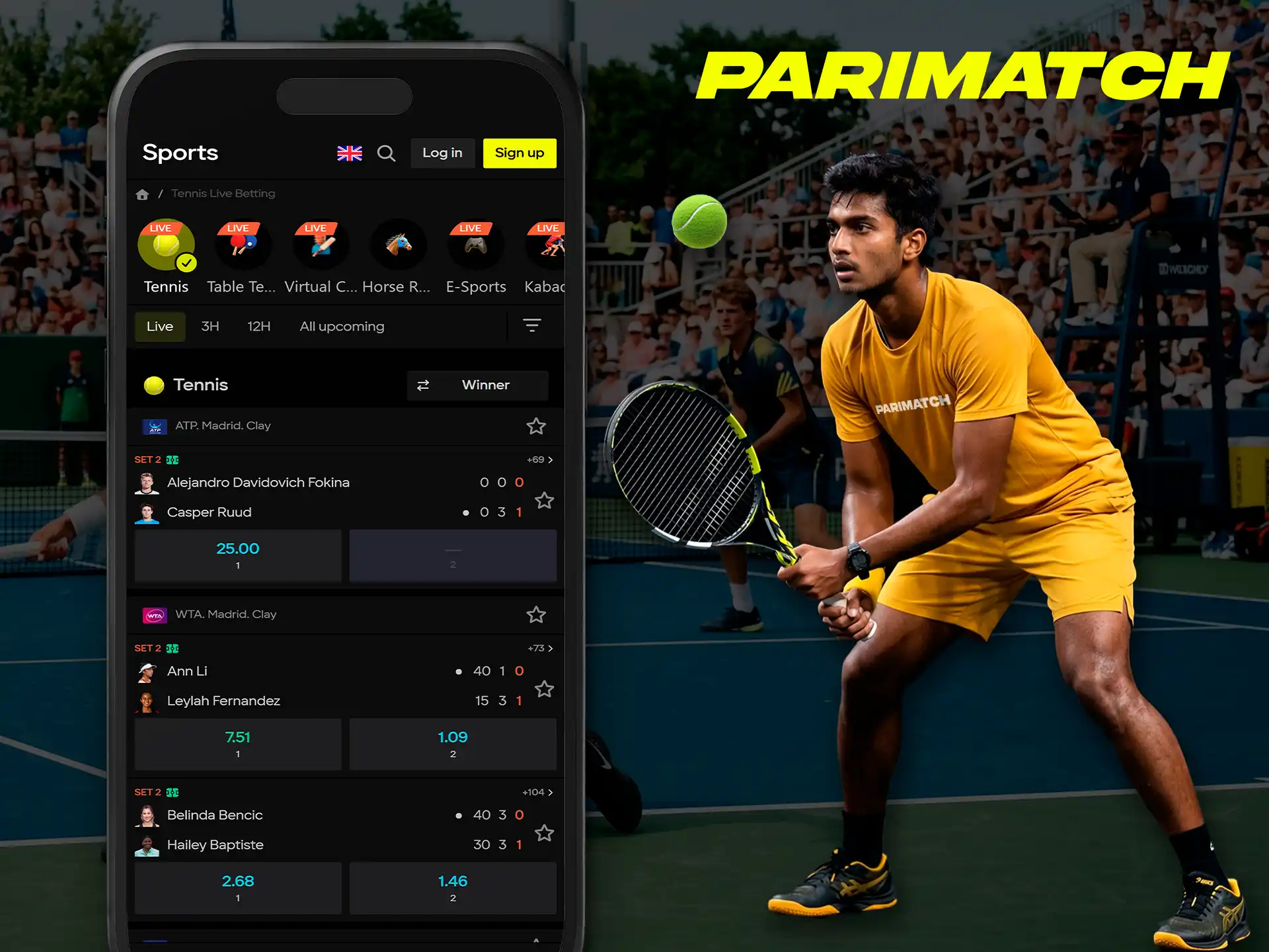 Live tennis betting markets for users of Parimatch app.