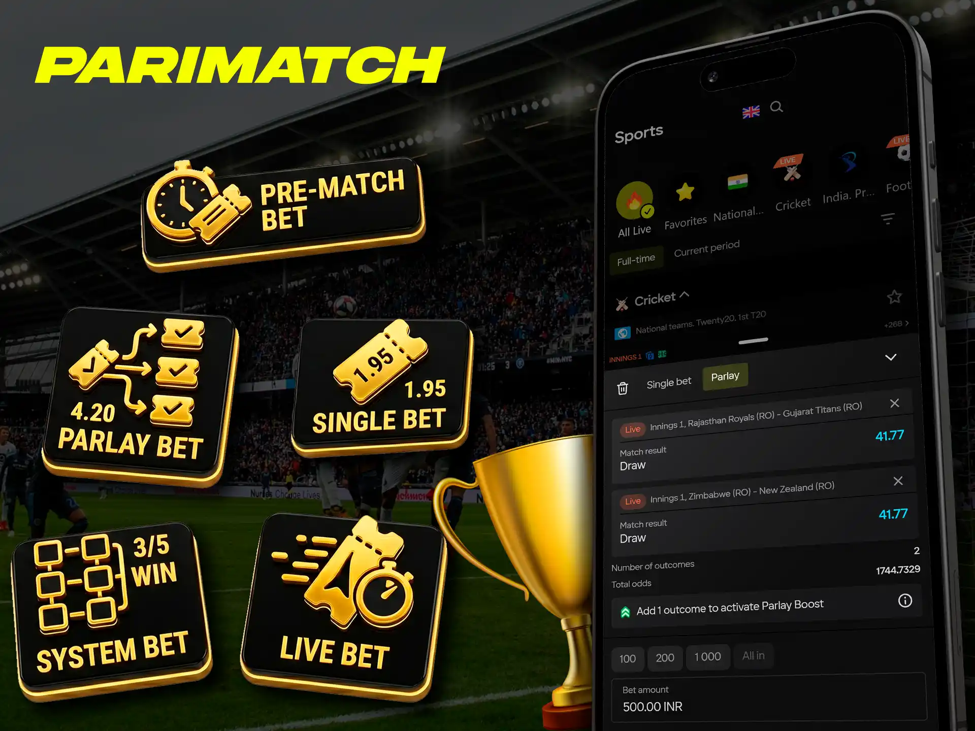 Various betting markets available in the Parimatch mobile app.
