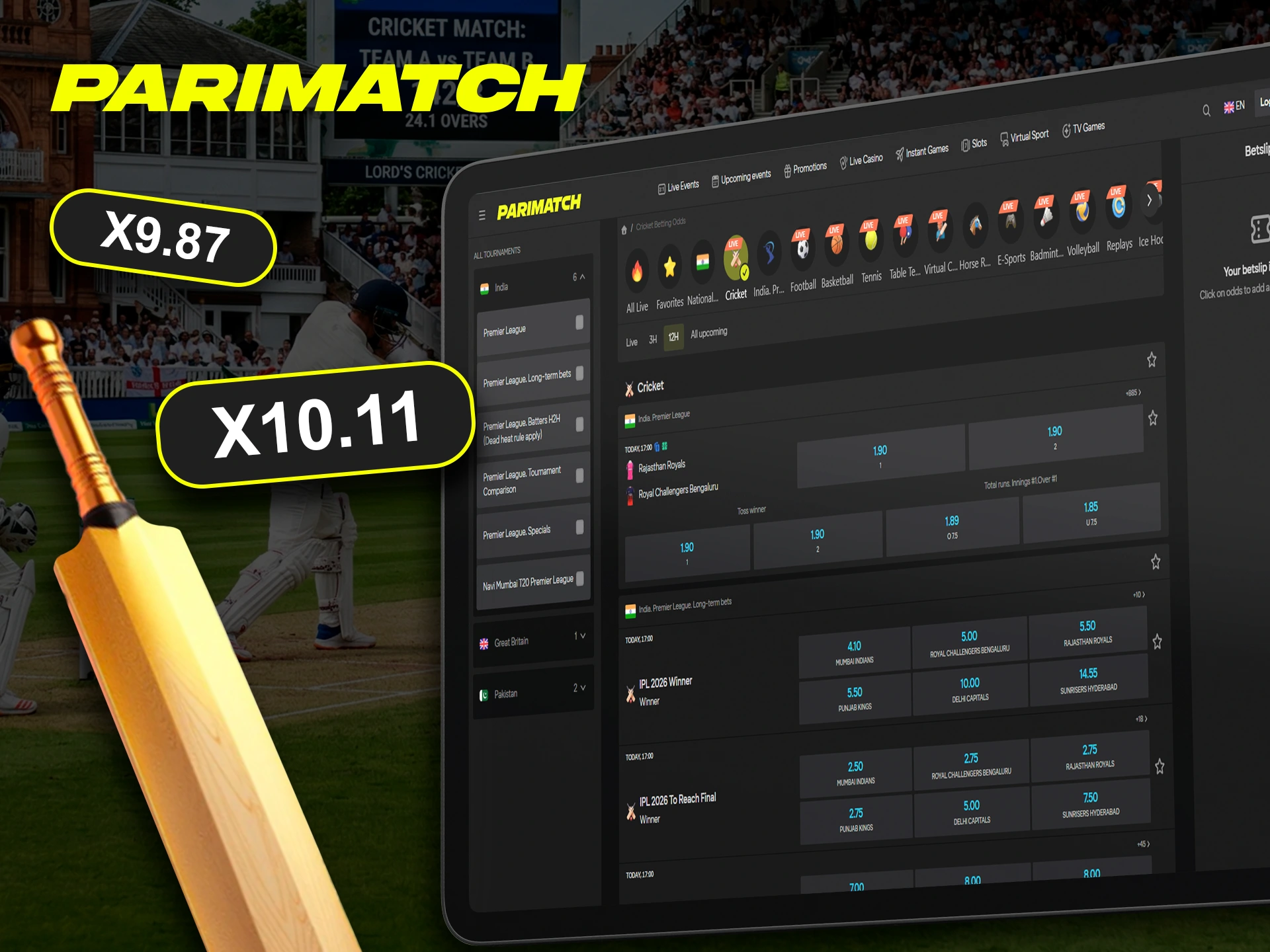 Parimatch is world renowned for its highest odds on cricket events.