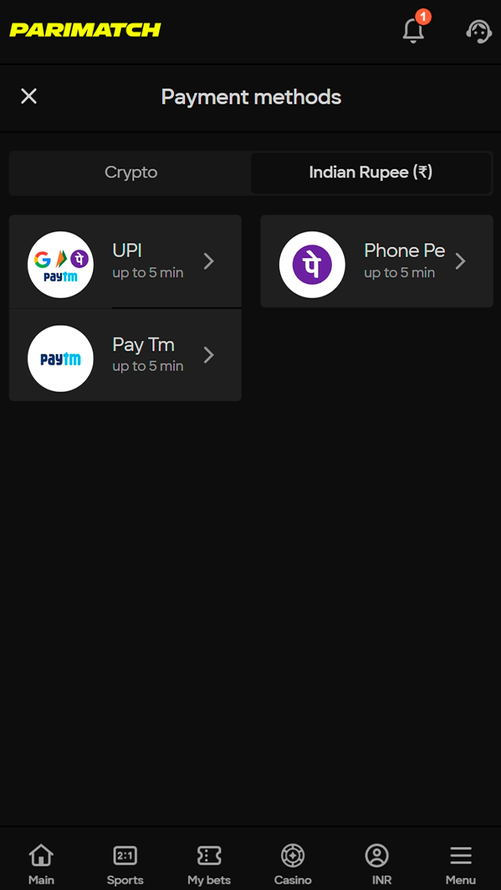 Make a deposit to your Parimatch account using one of the payment methods.