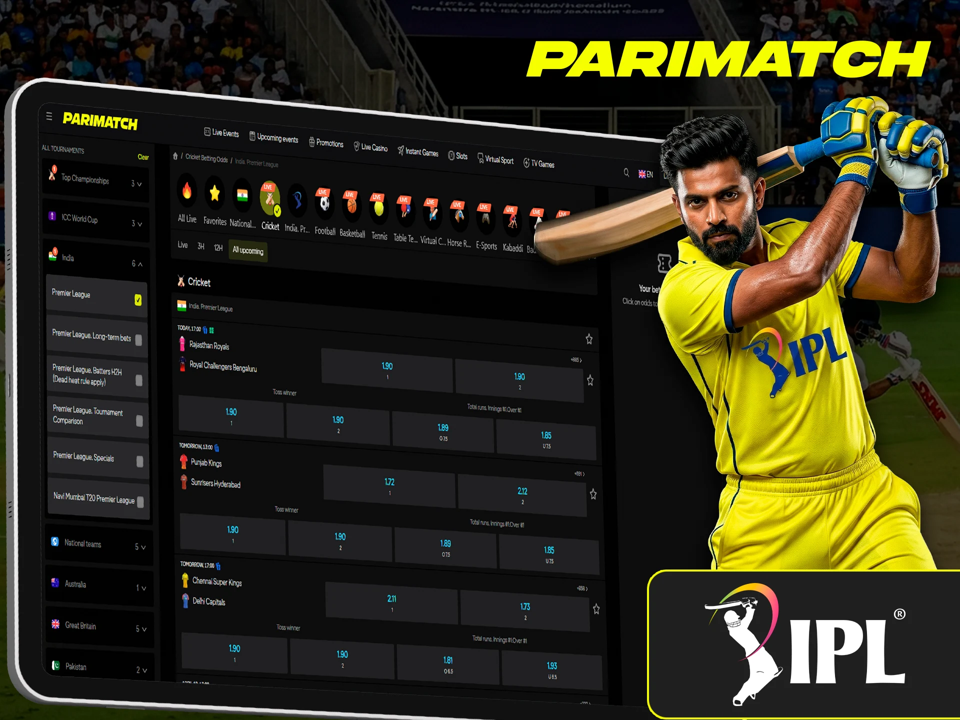 Pick your vaforites in the IPL tournament and bet at Parimatch.
