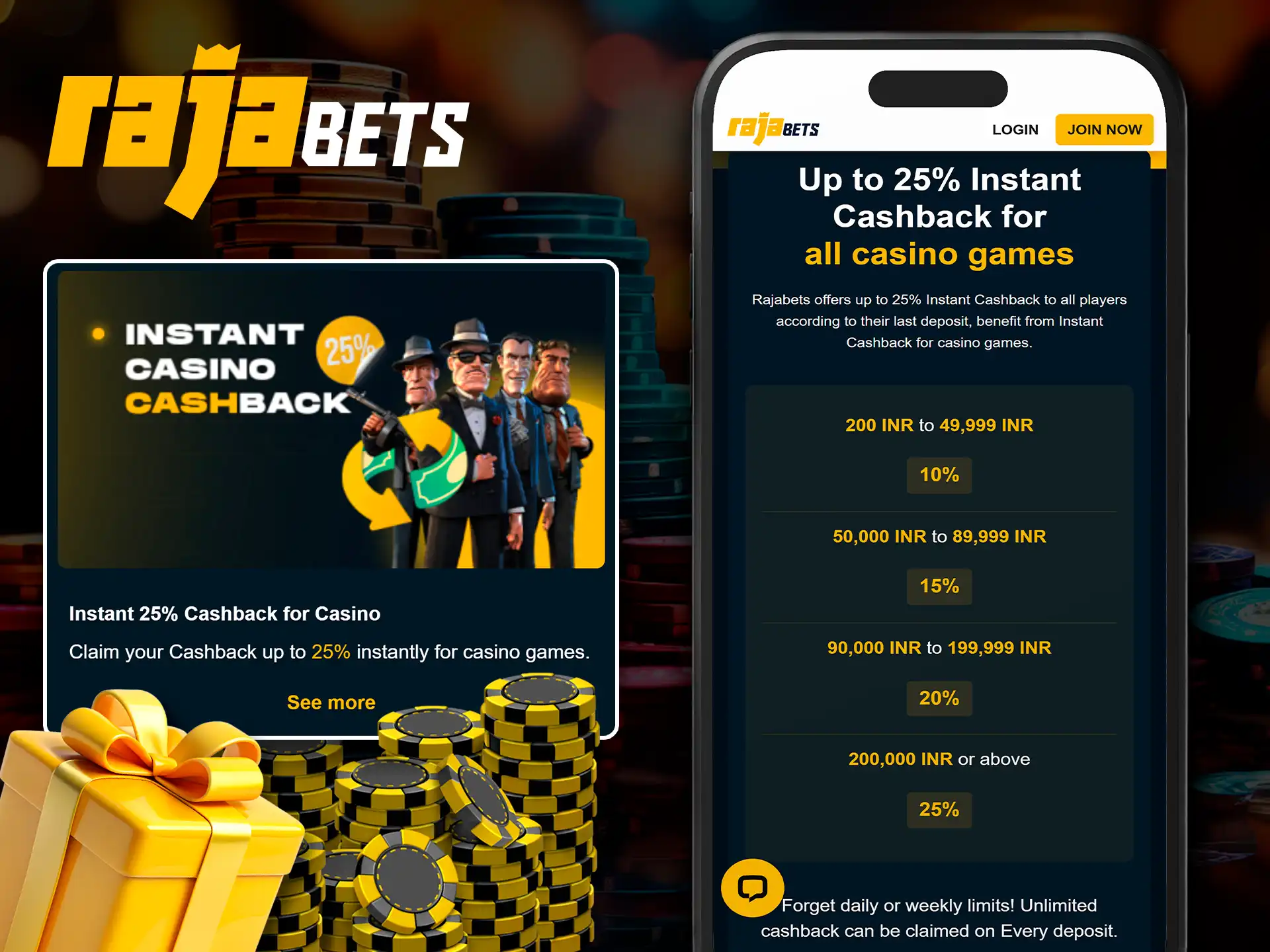 Get instant cashback on casino games via Rajabets.