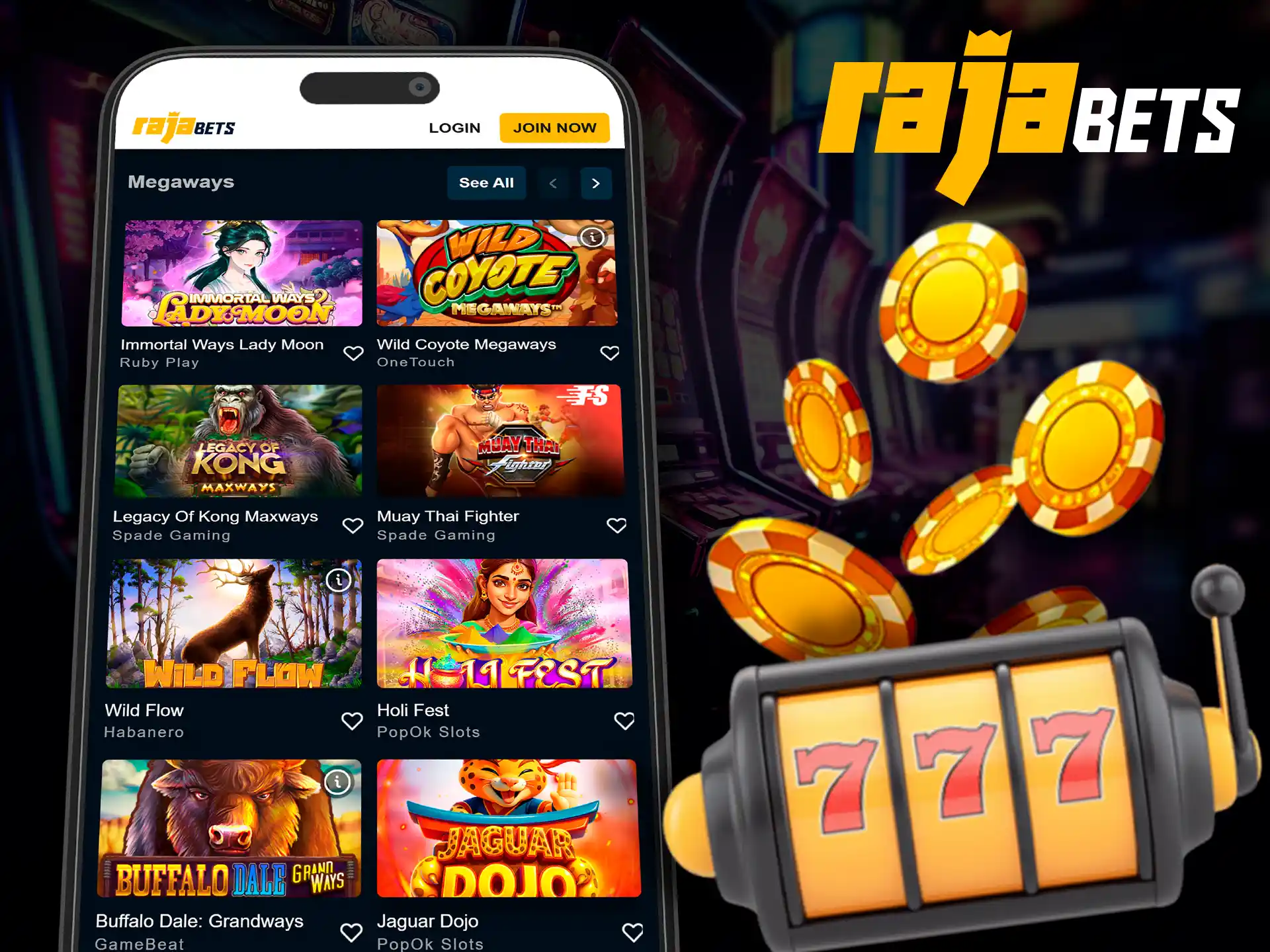 Popular Megaways slots available for play on Rajabets app.