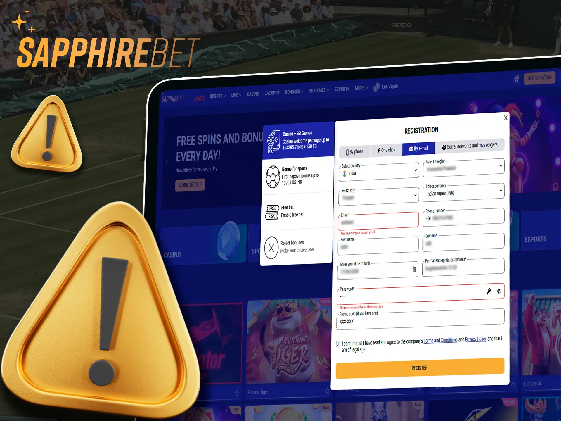 A screenshot of the Sapphirebet app's registration page, showing information about common problems users may encounter during registration.