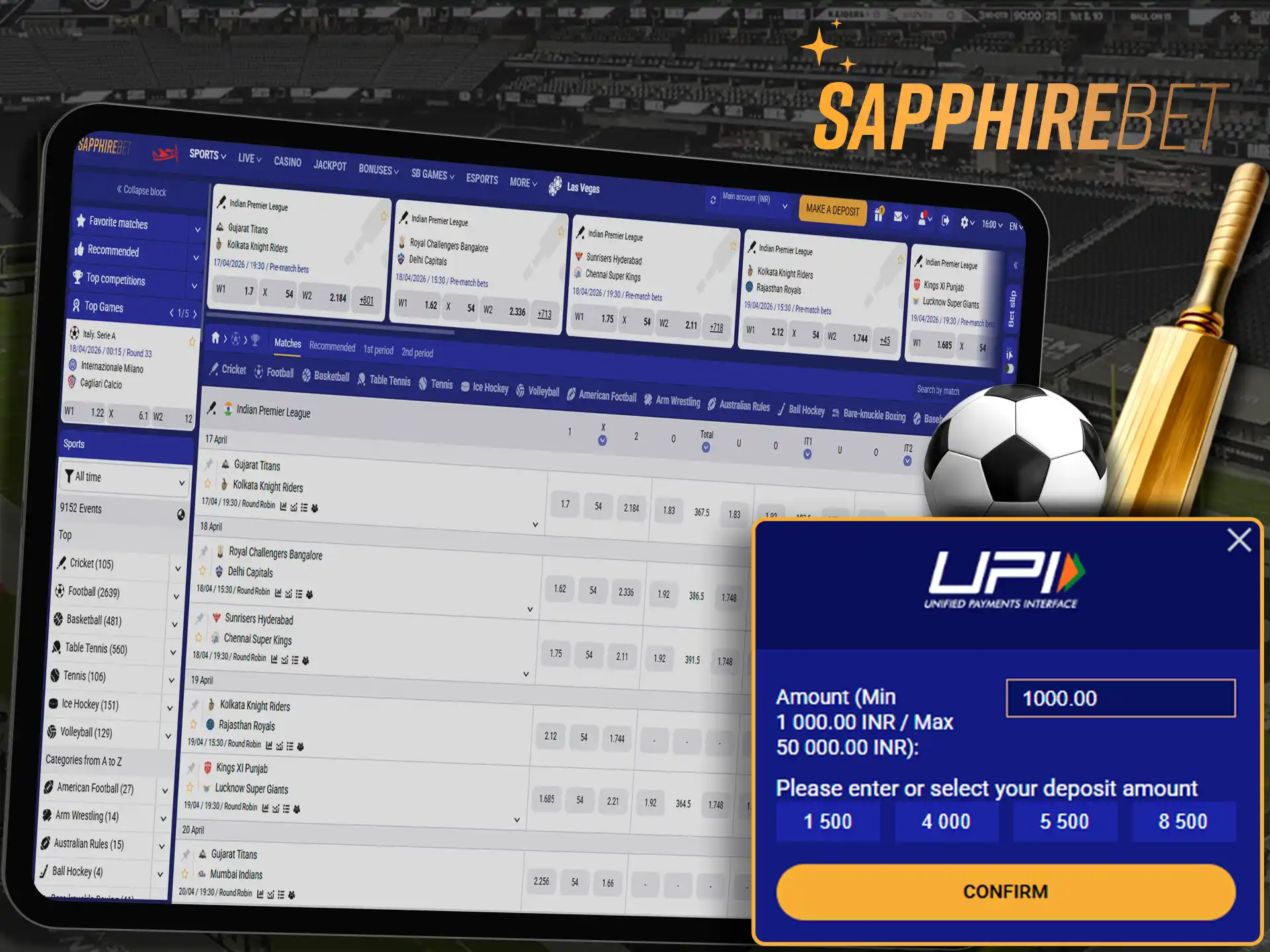 A screenshot of the Sapphirebet app's main page, showing a user placing a bet.