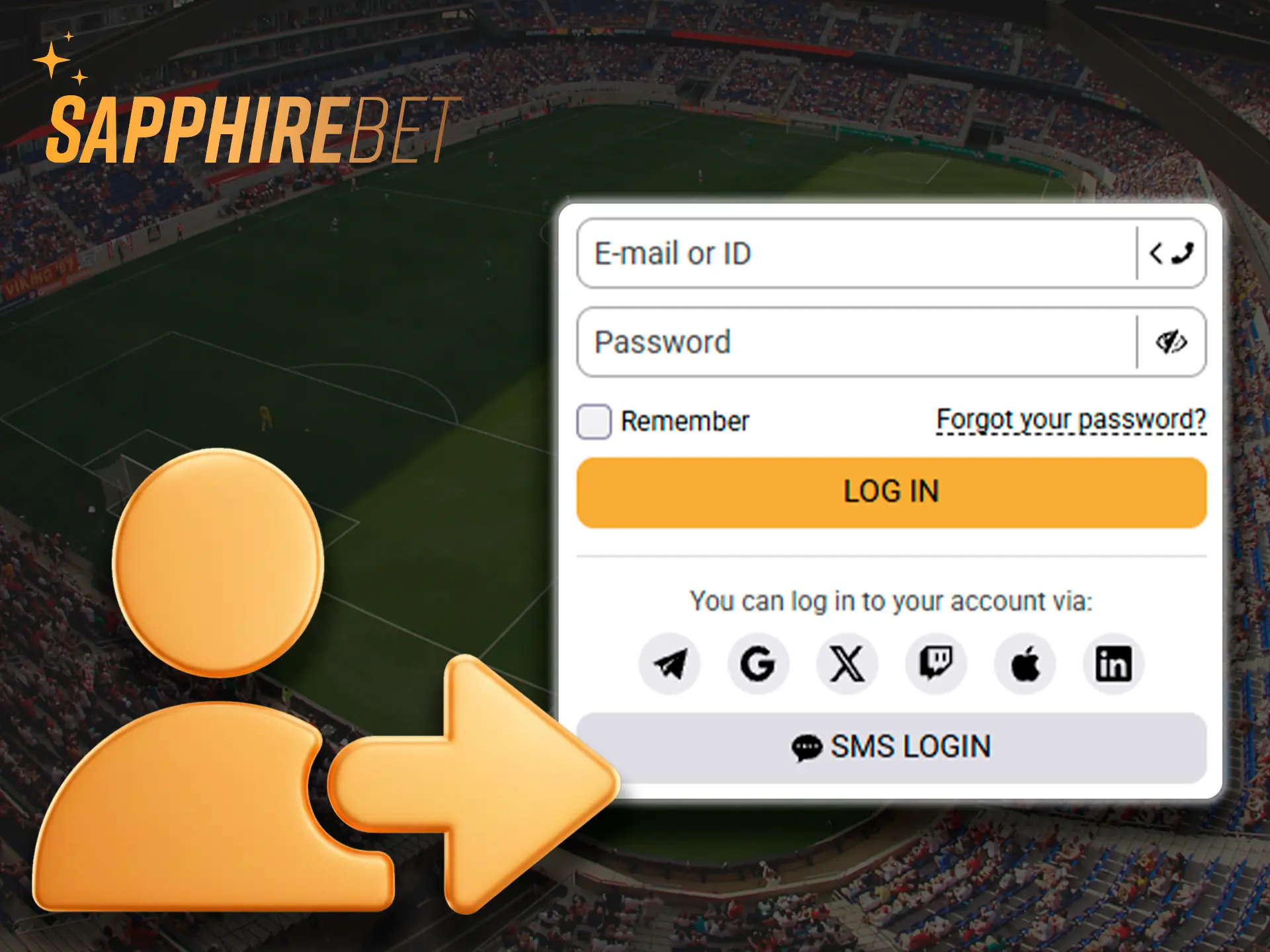 A screenshot of the Sapphirebet app's login page. The user is asked to enter their email and password to log in.
