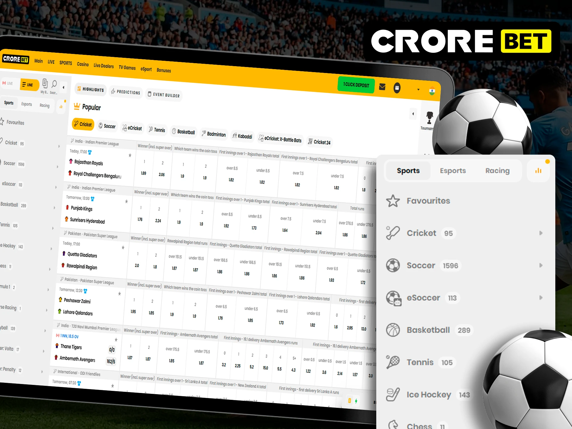 Overview of betting options and bonuses available at Crorebet.