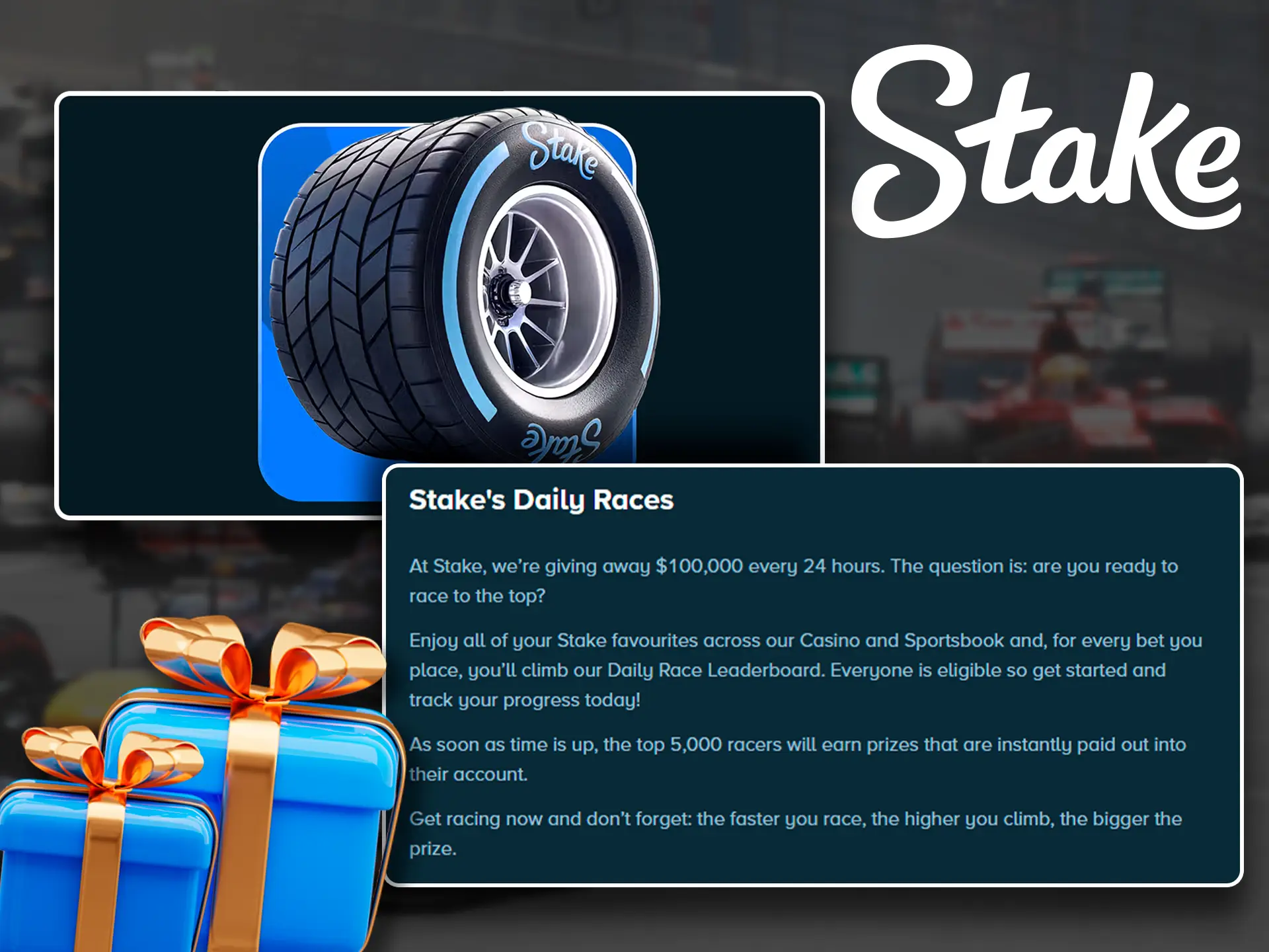 A screenshot of Stake's bonuses page, showcasing information about the race bonus. The image includes details about the bonus and how to claim it.