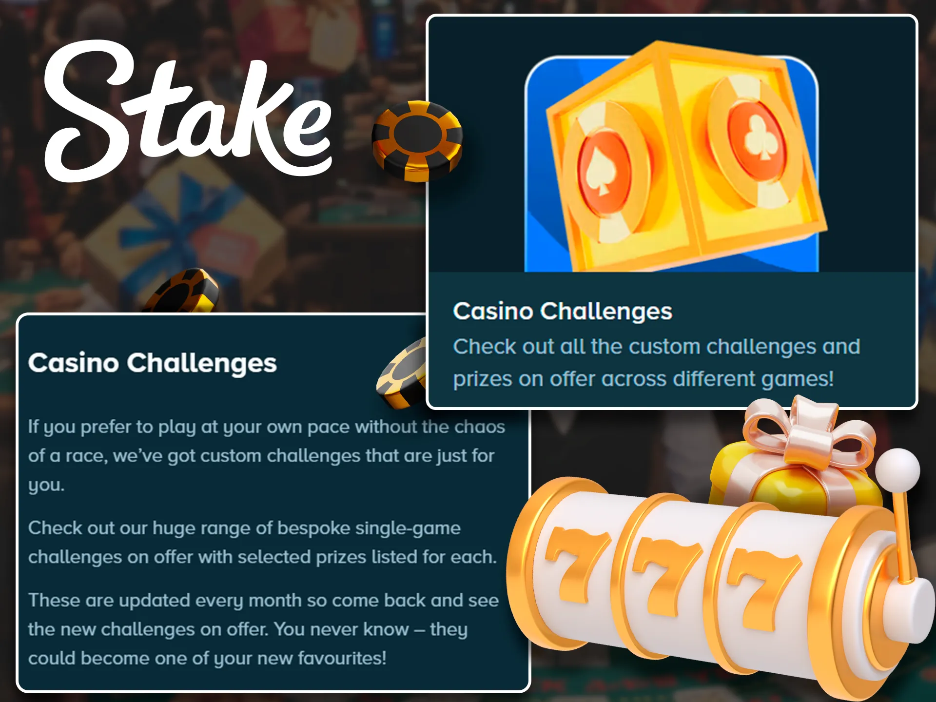 A screenshot of Stake's bonuses page, showcasing information about casino challenges. The image includes details about the challenges and how to participate.