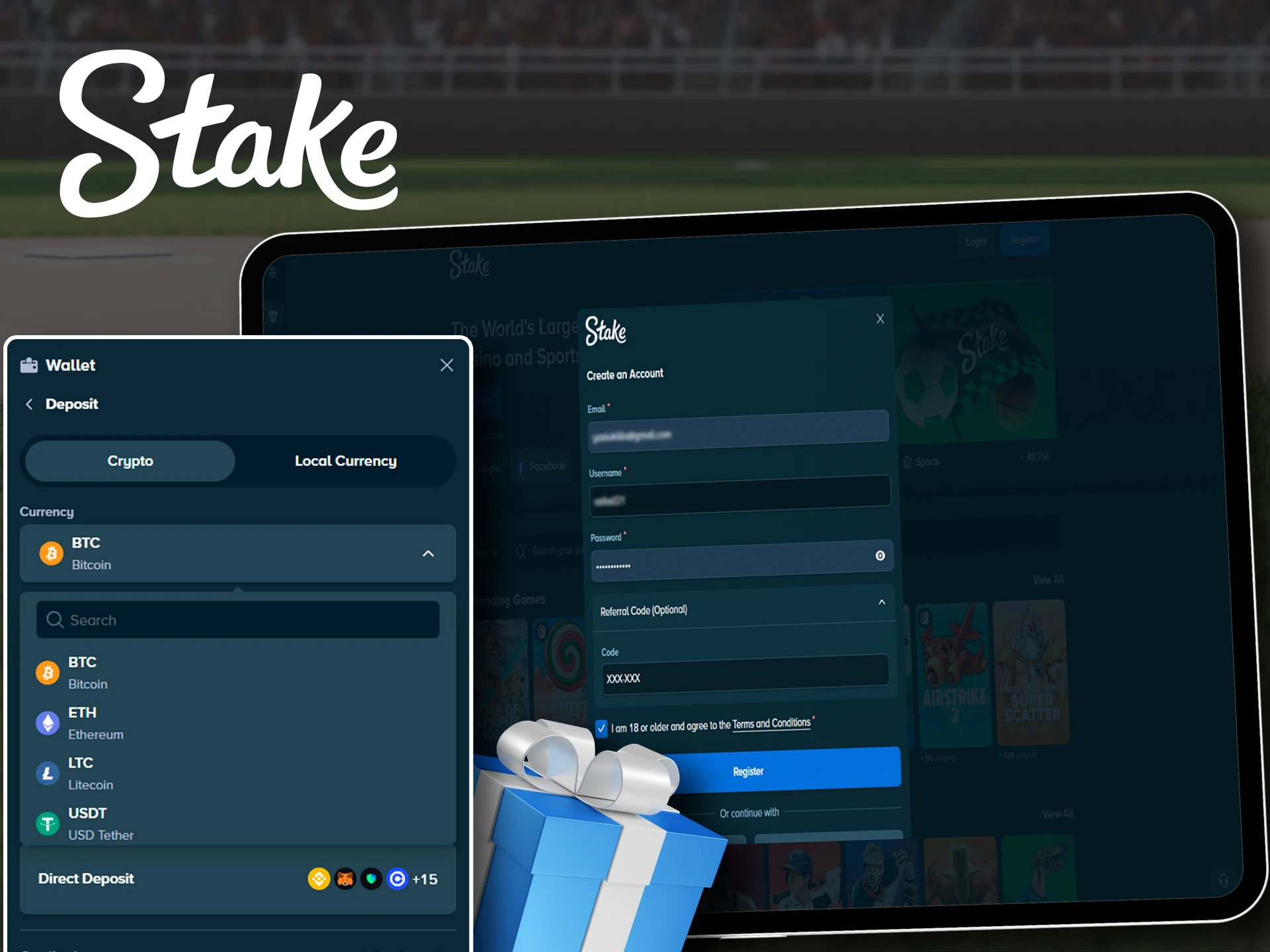 A screenshot of Stake's bonuses page, showcasing instructions on how to claim the welcome bonus. The image includes a step-by-step guide with clear visuals.