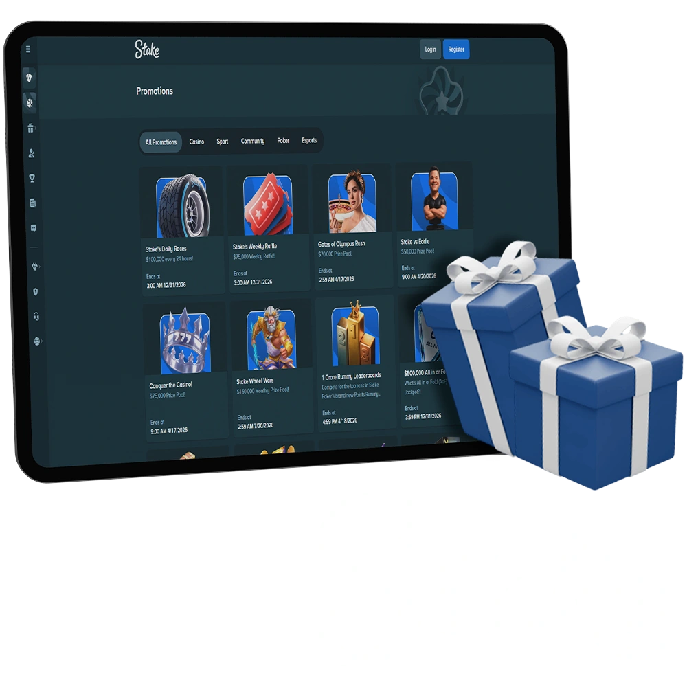 A screenshot of Stake's bonuses page, showcasing various promotional offers. The image includes a vibrant design with sections for different types of bonuses.