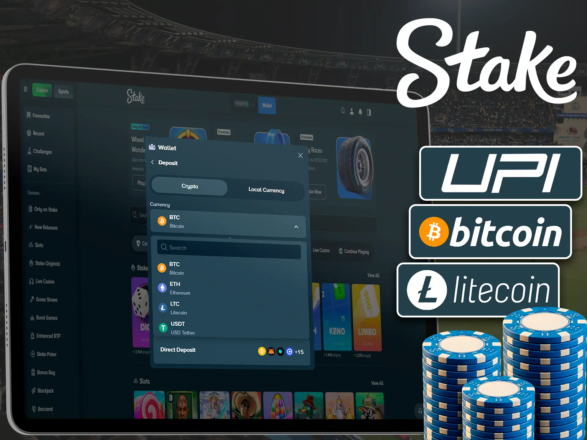 A screenshot of Stake's payment methods page, showcasing a list of available deposit methods. The image includes icons and descriptions for each method.