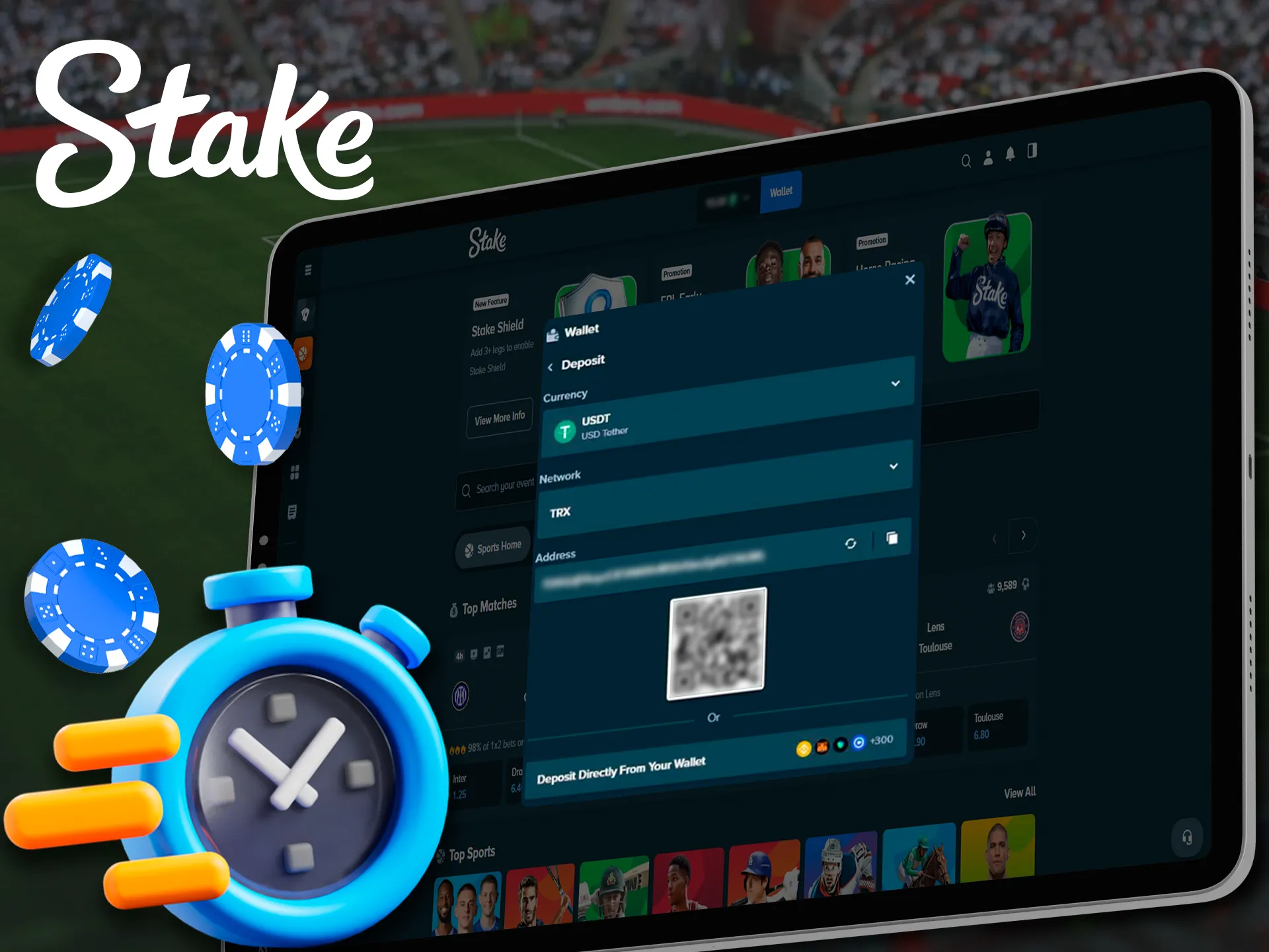 A screenshot of Stake's payment methods page, showcasing information about deposit time limits. The image includes details about processing times for different methods.