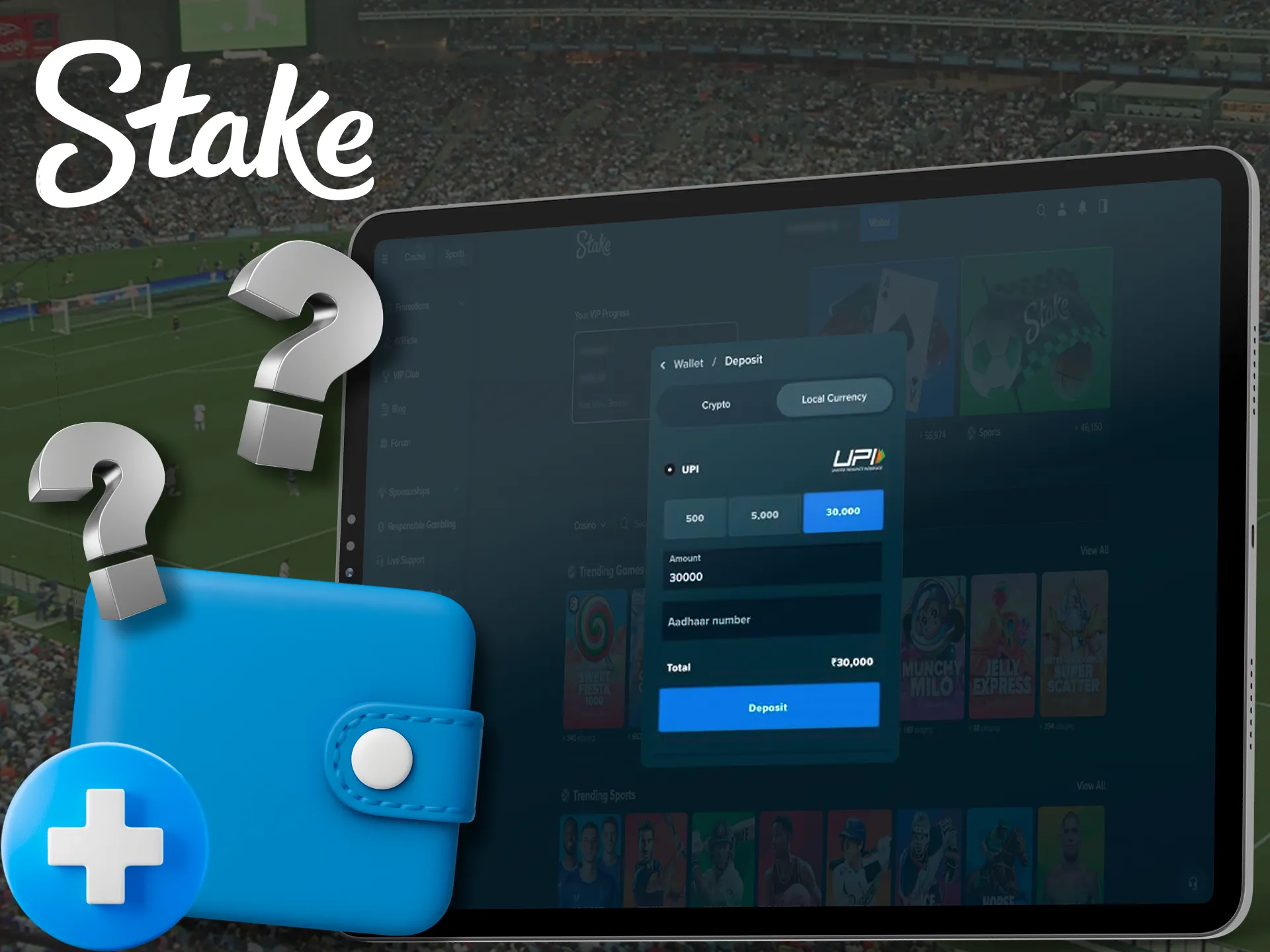 A screenshot of Stake's payment methods page, showcasing a step-by-step guide on how to make a deposit. The image includes clear visuals and instructions.