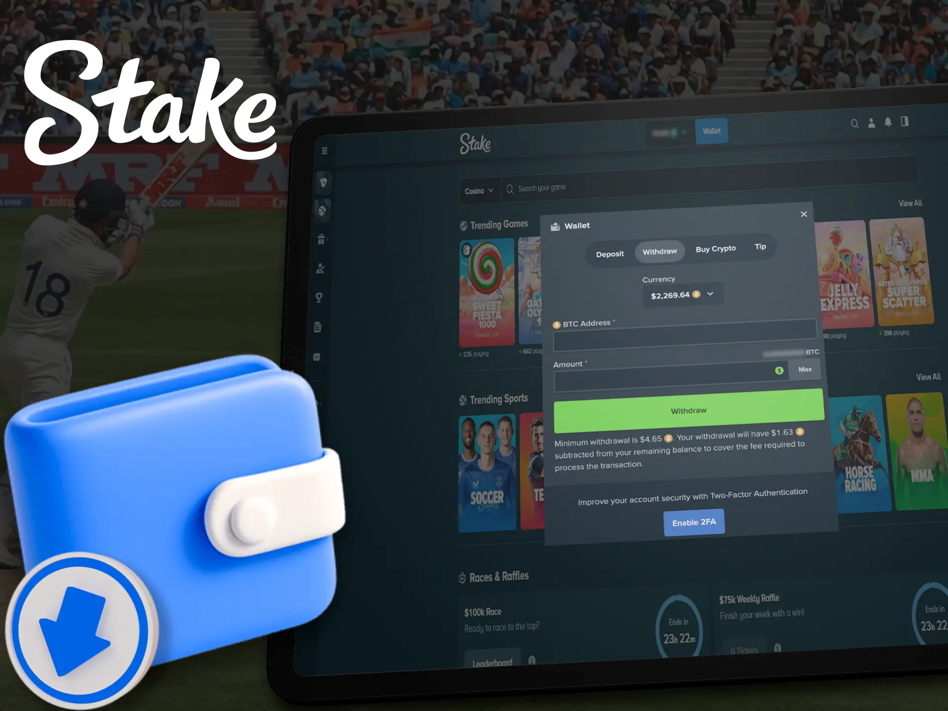 A screenshot of Stake's payment methods page, showcasing a step-by-step guide on how to withdraw funds. The image includes clear visuals and instructions.