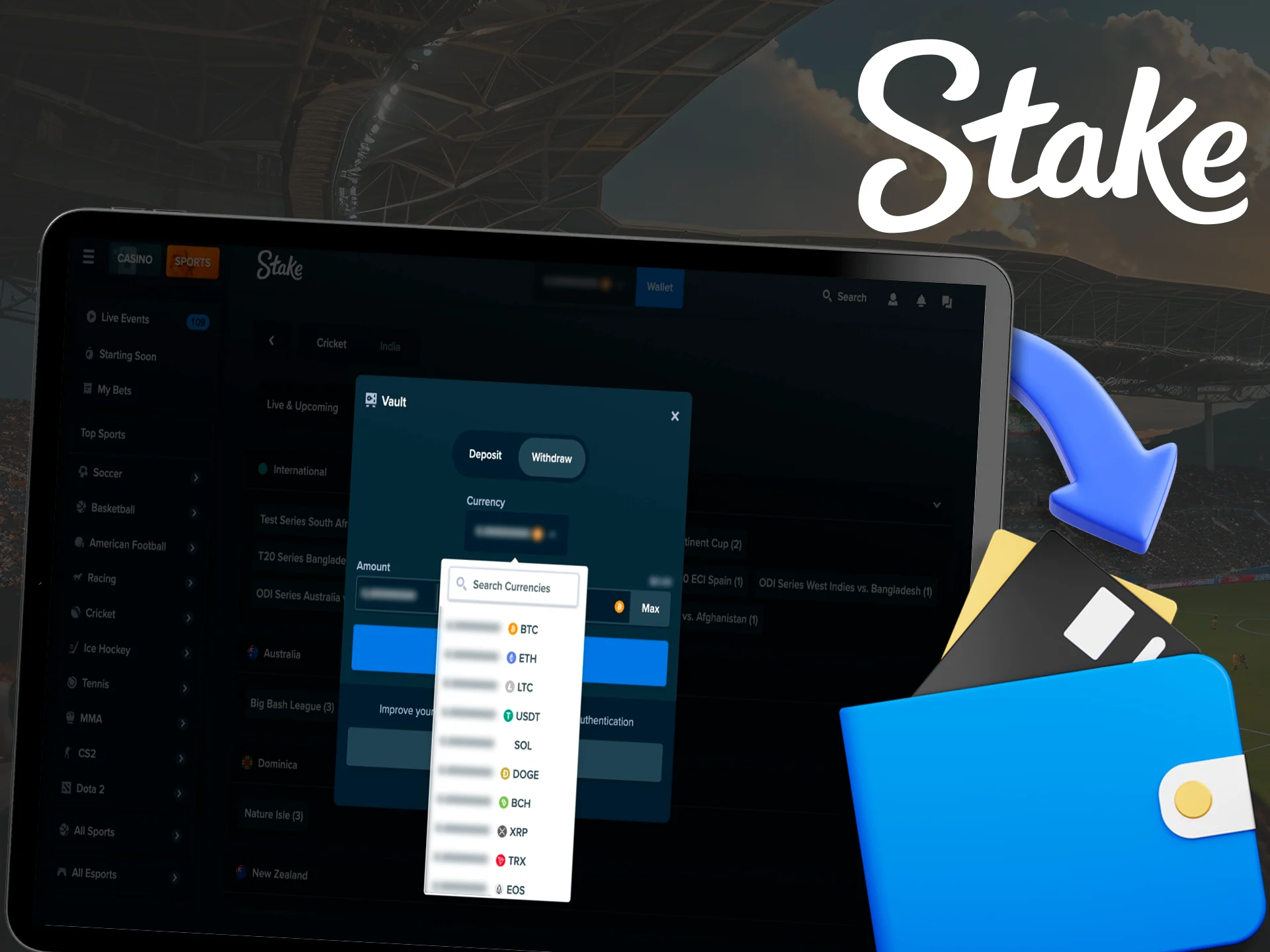 A screenshot of Stake's payment methods page, showcasing a list of available withdrawal methods. The image includes icons and descriptions for each method.