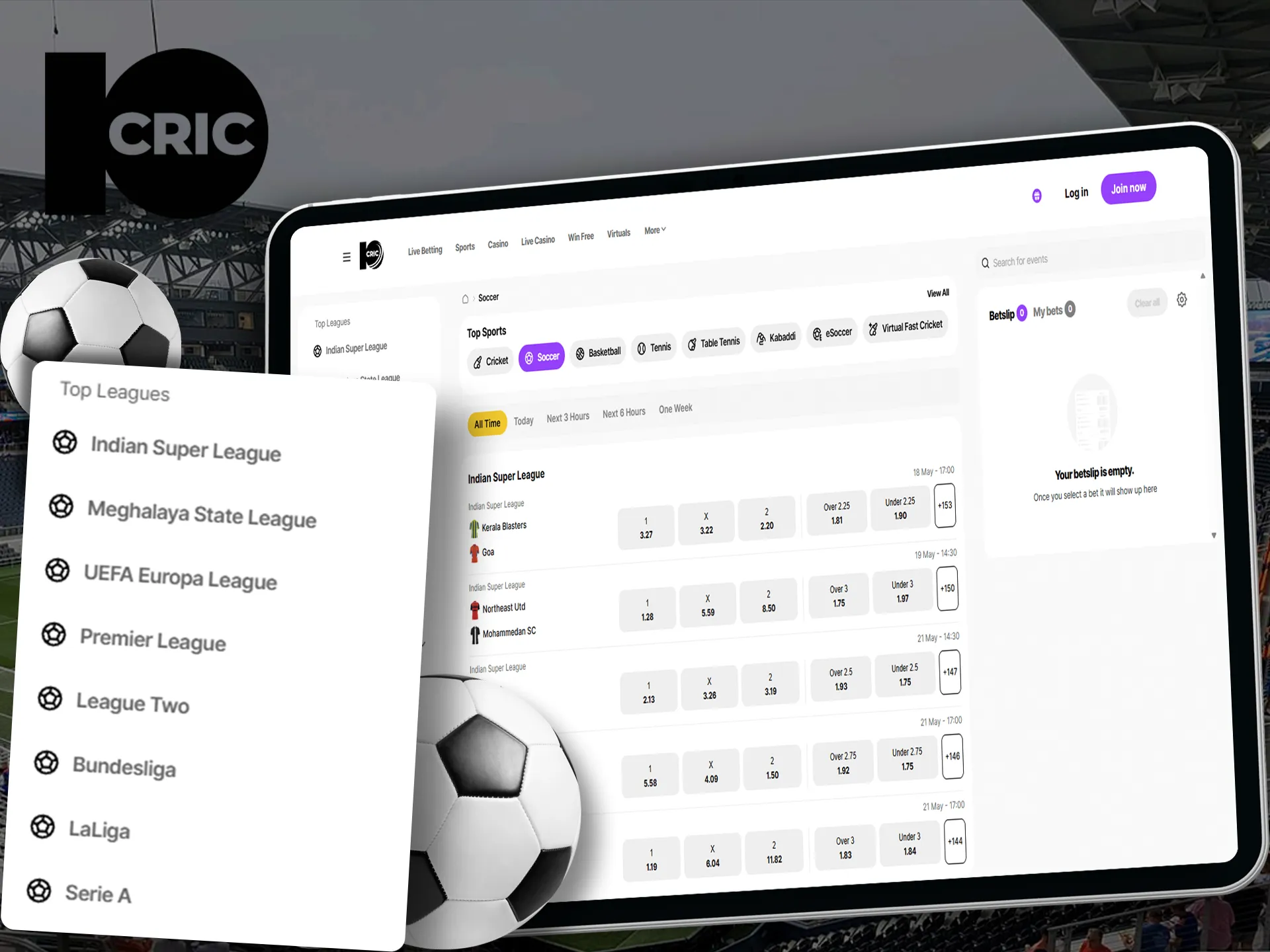 10Cric offers a football betting platform covering both international and local matches.
