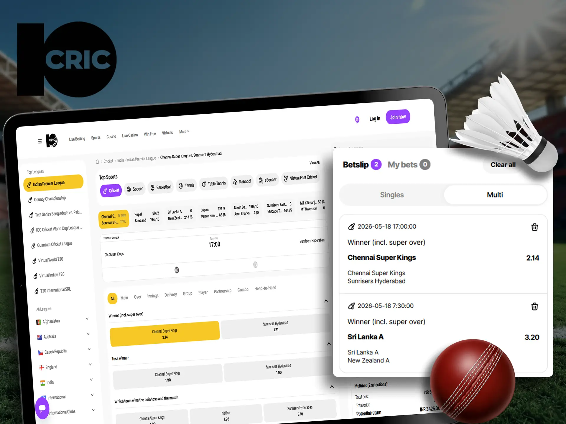 Use the bet types presented for sports betting at 10Cric.