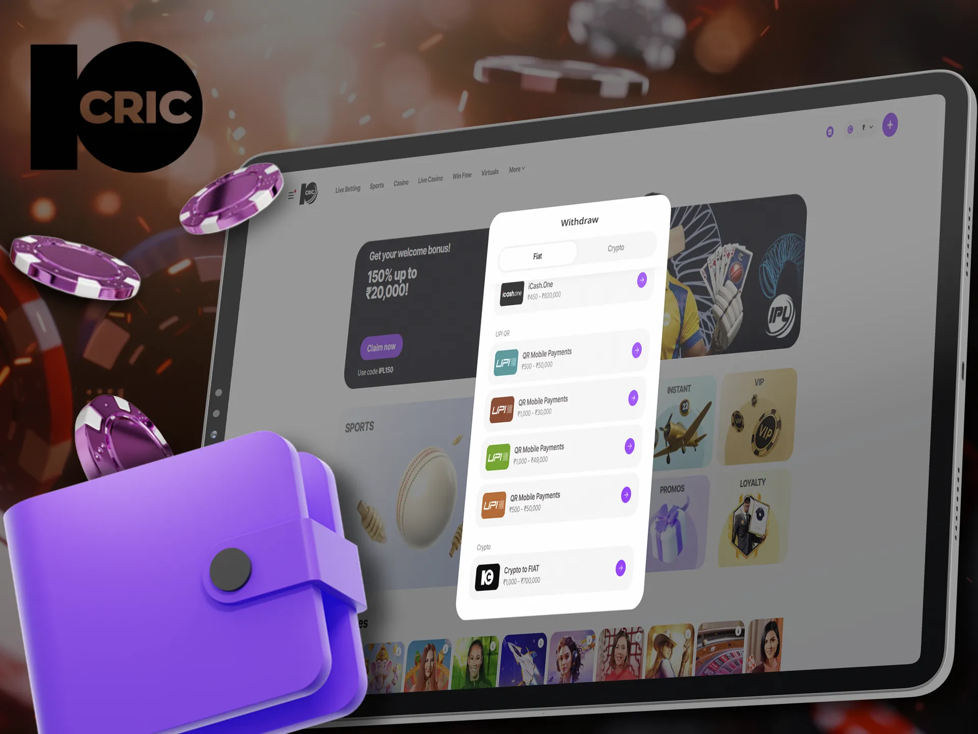 Use instant and reliable withdrawal methods from 10Cric.