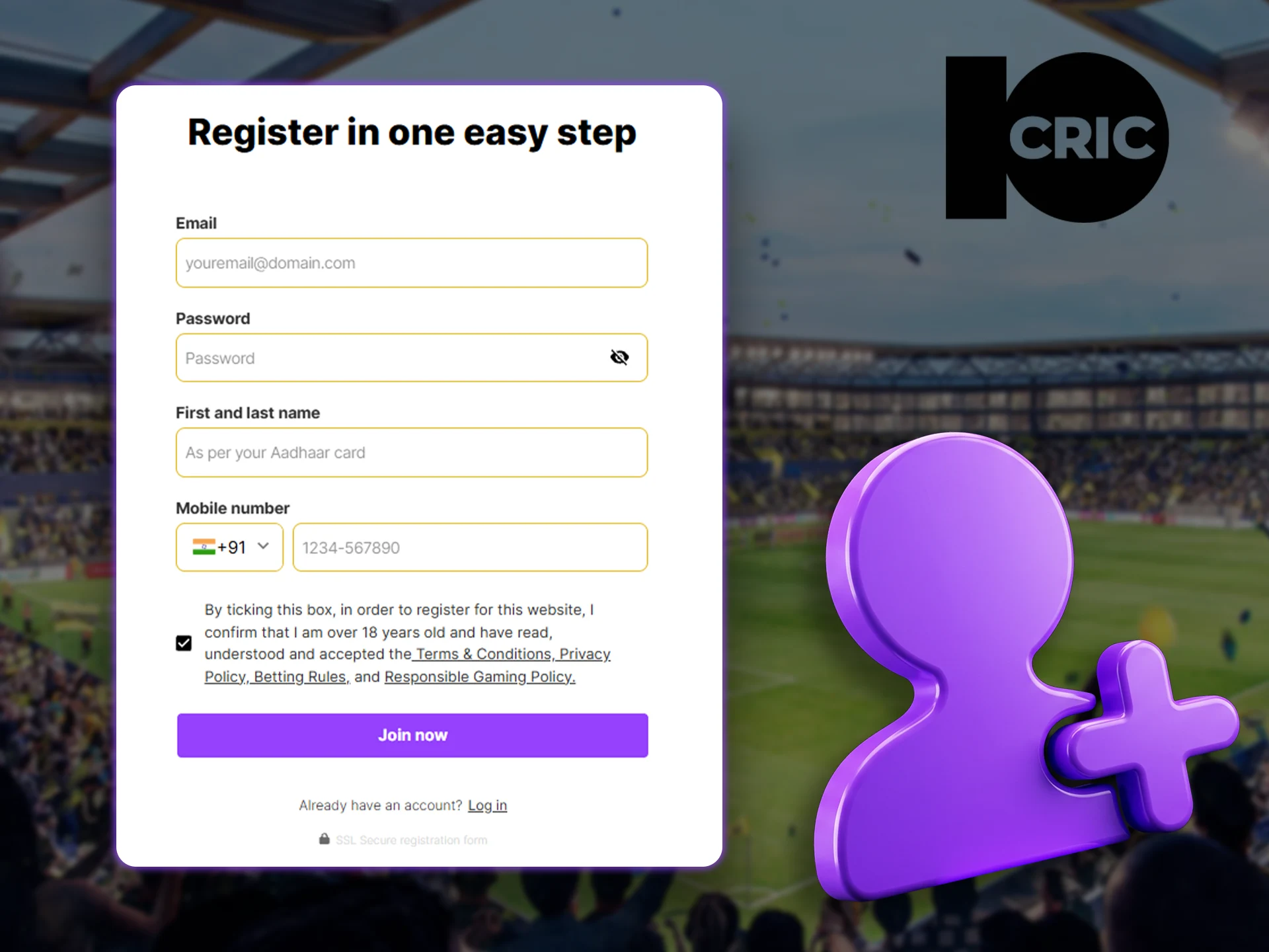 Tablet with purple background showing 10Cric account creation guide.