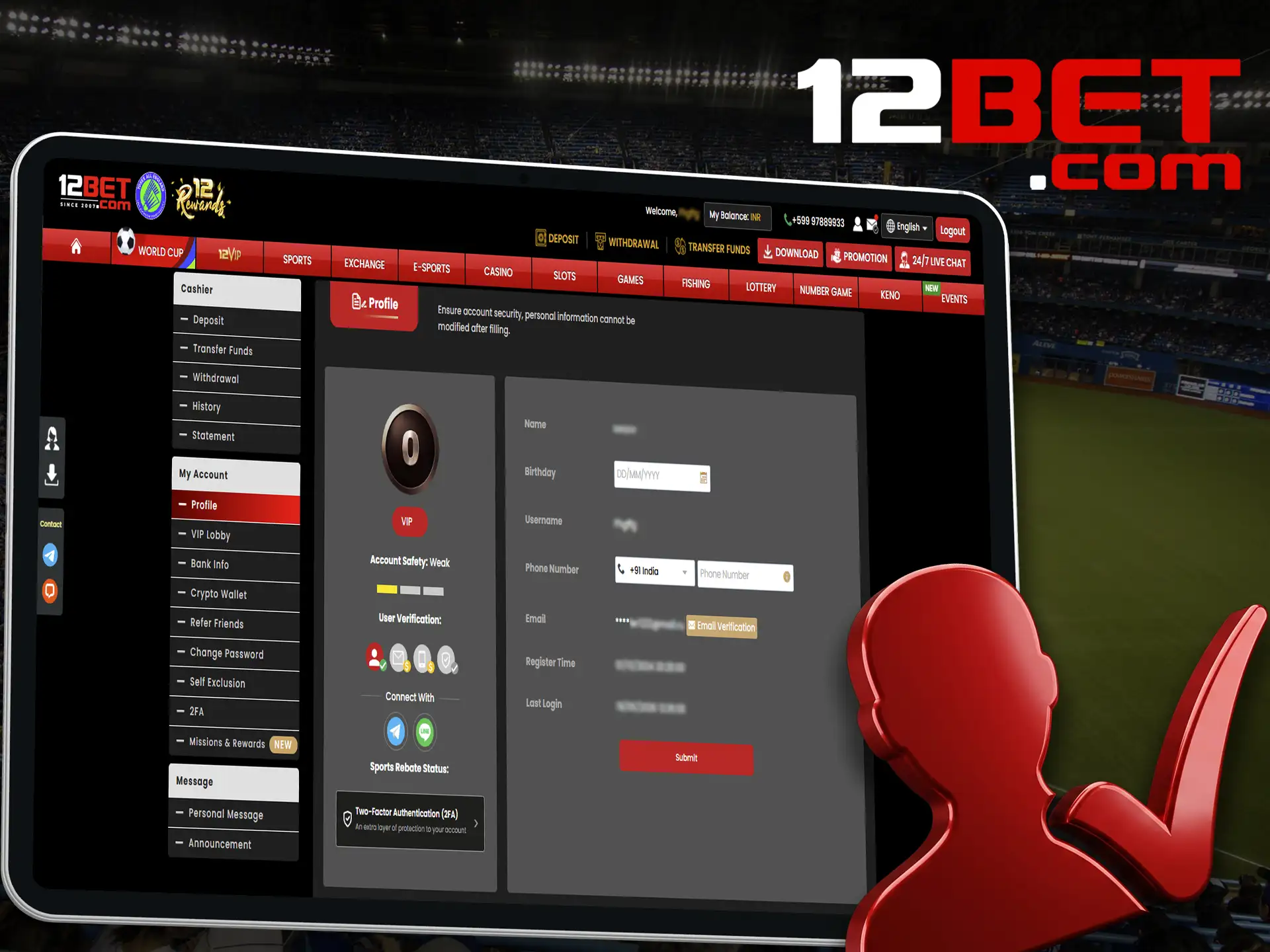 Confirm the required data in your 12bet account.