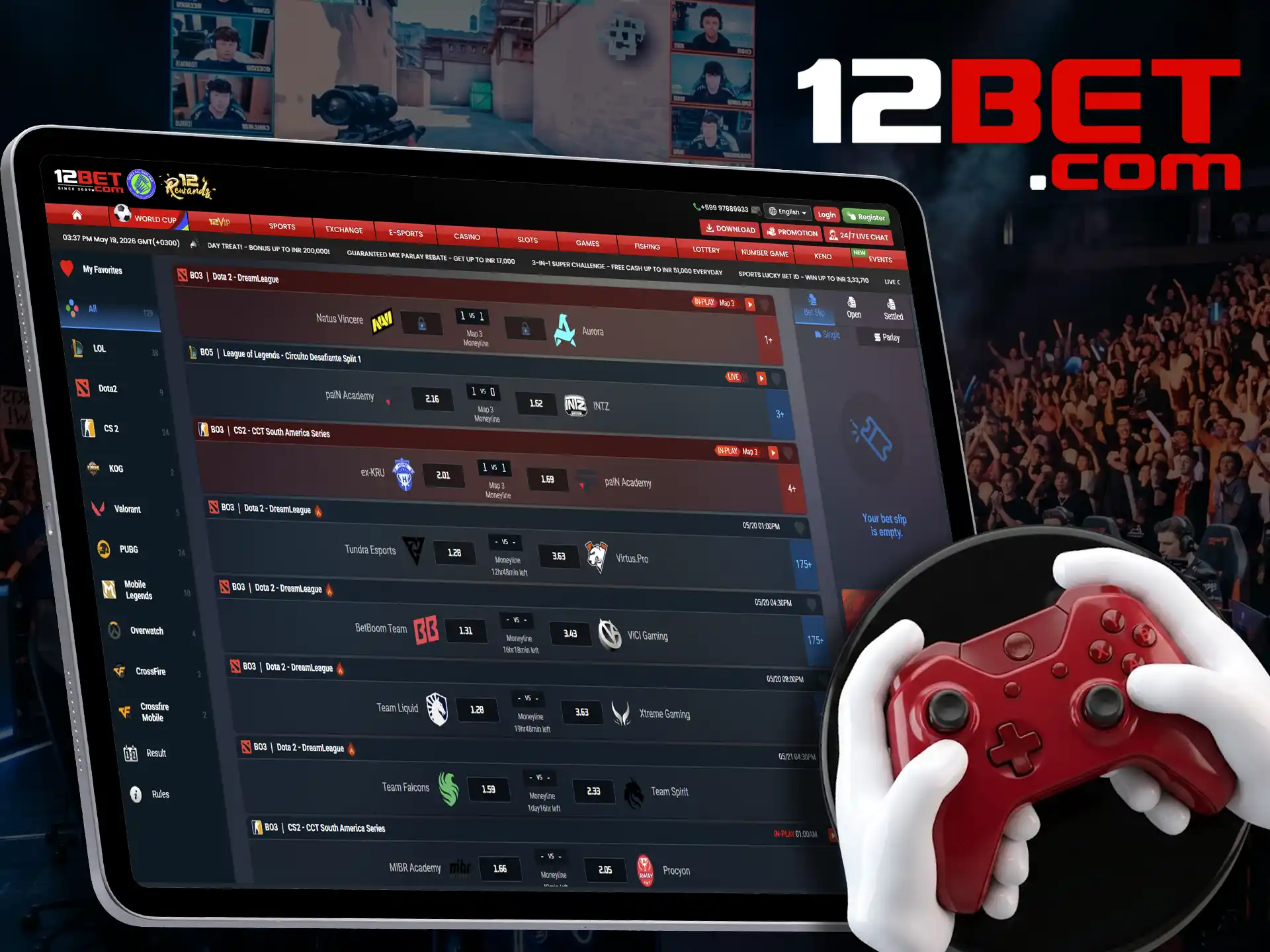 Make predictions on teams and games in the Esports section at 12bet.