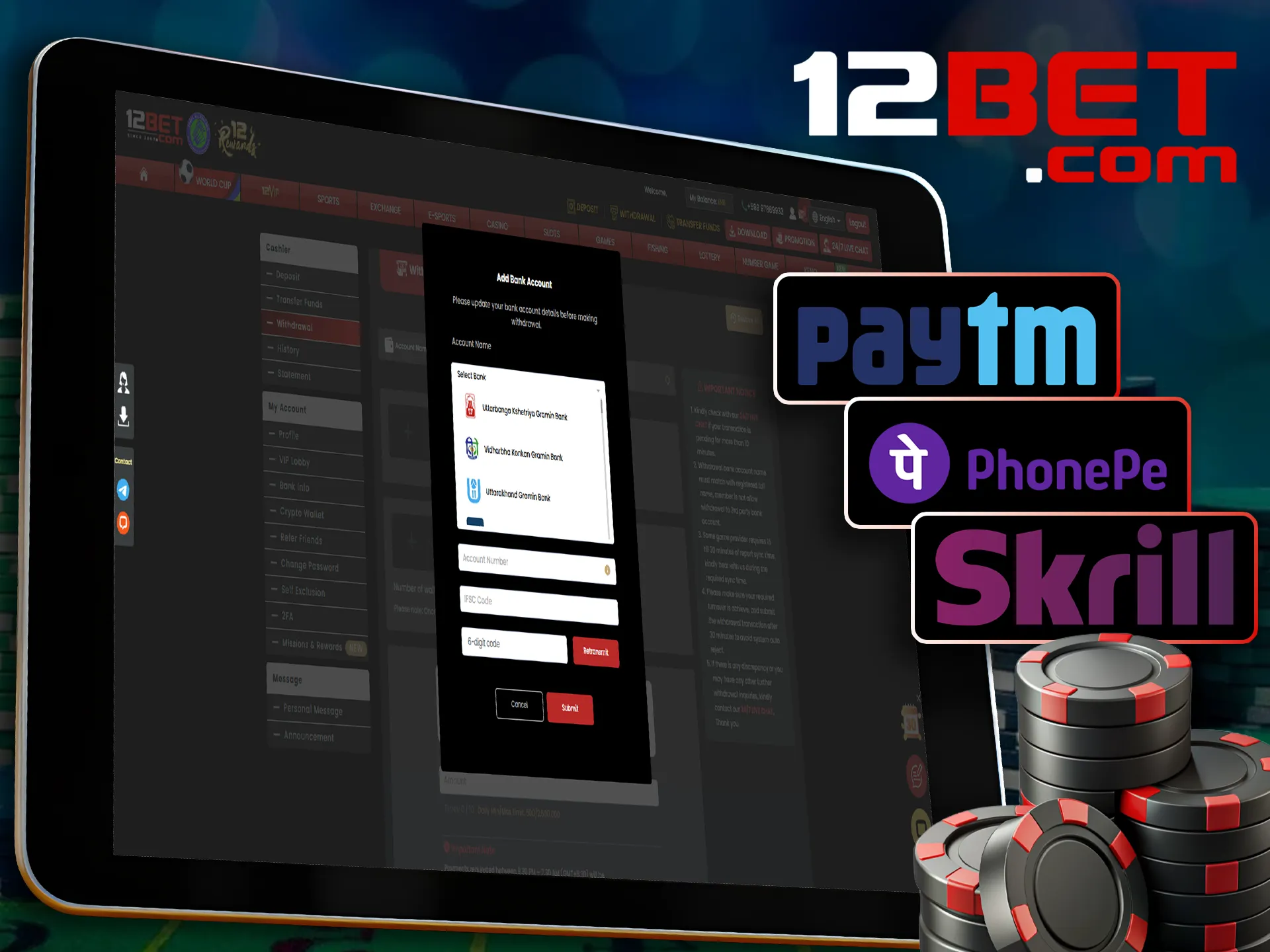 Find the right withdrawal method for you at 12bet.