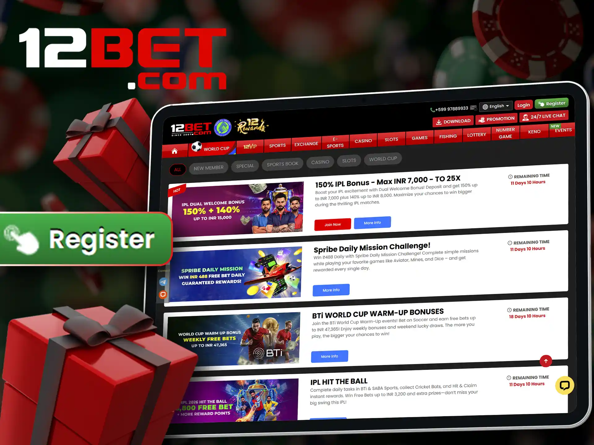 Sign up for an account at 12bet and get a welcome bonus.