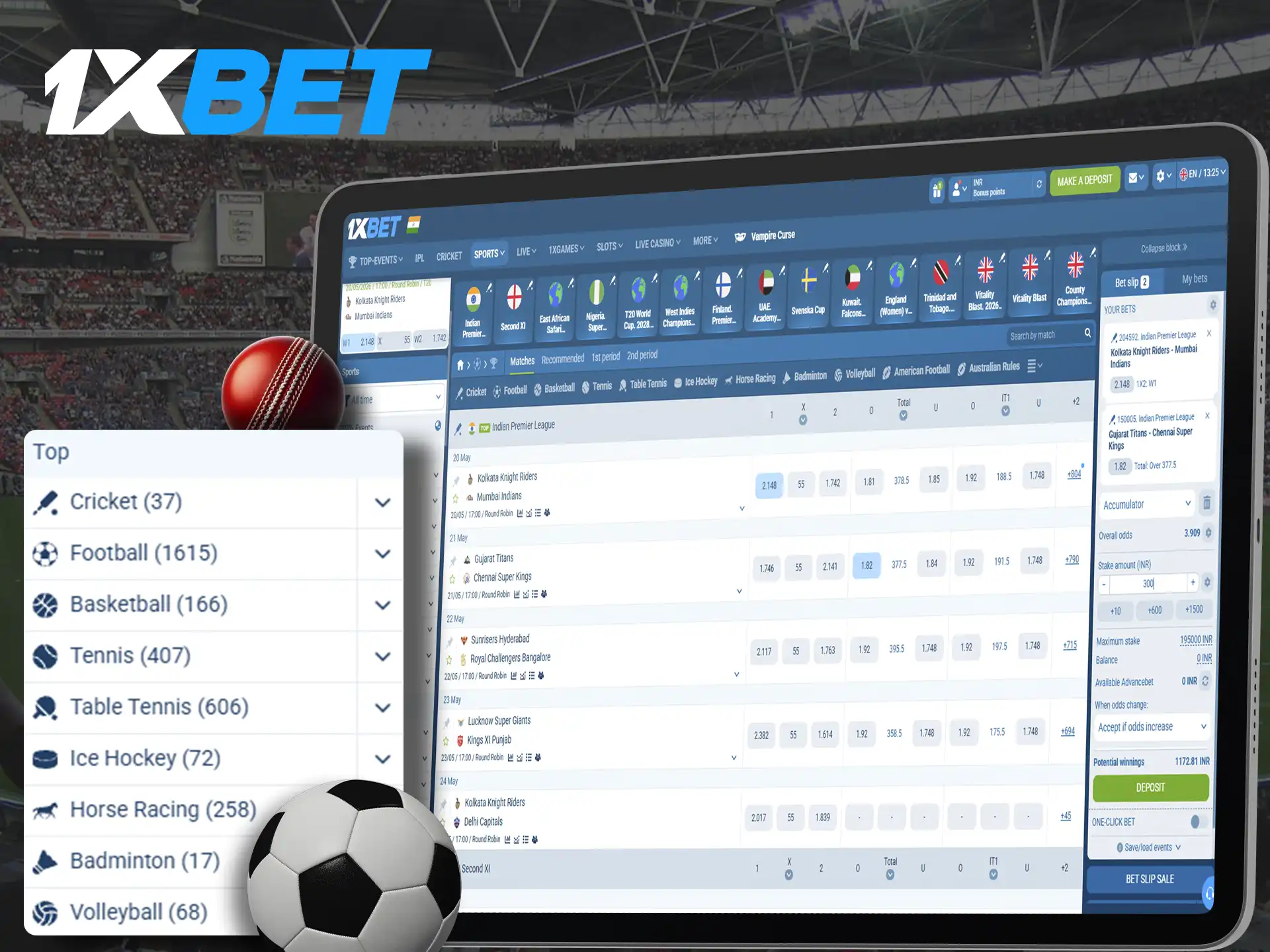 After registering at the 1xBet casino, start betting on your favorite sports.