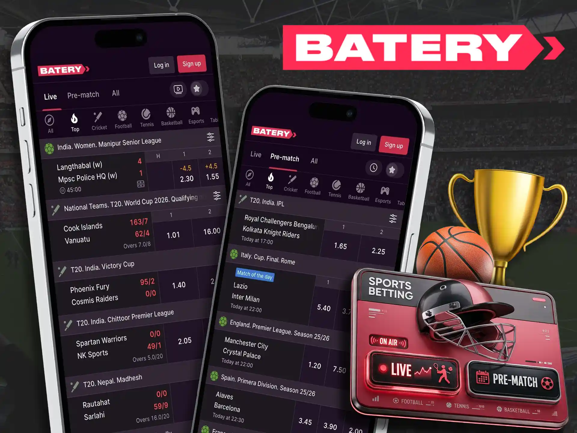 Live and pre-match betting modes on Batery application.