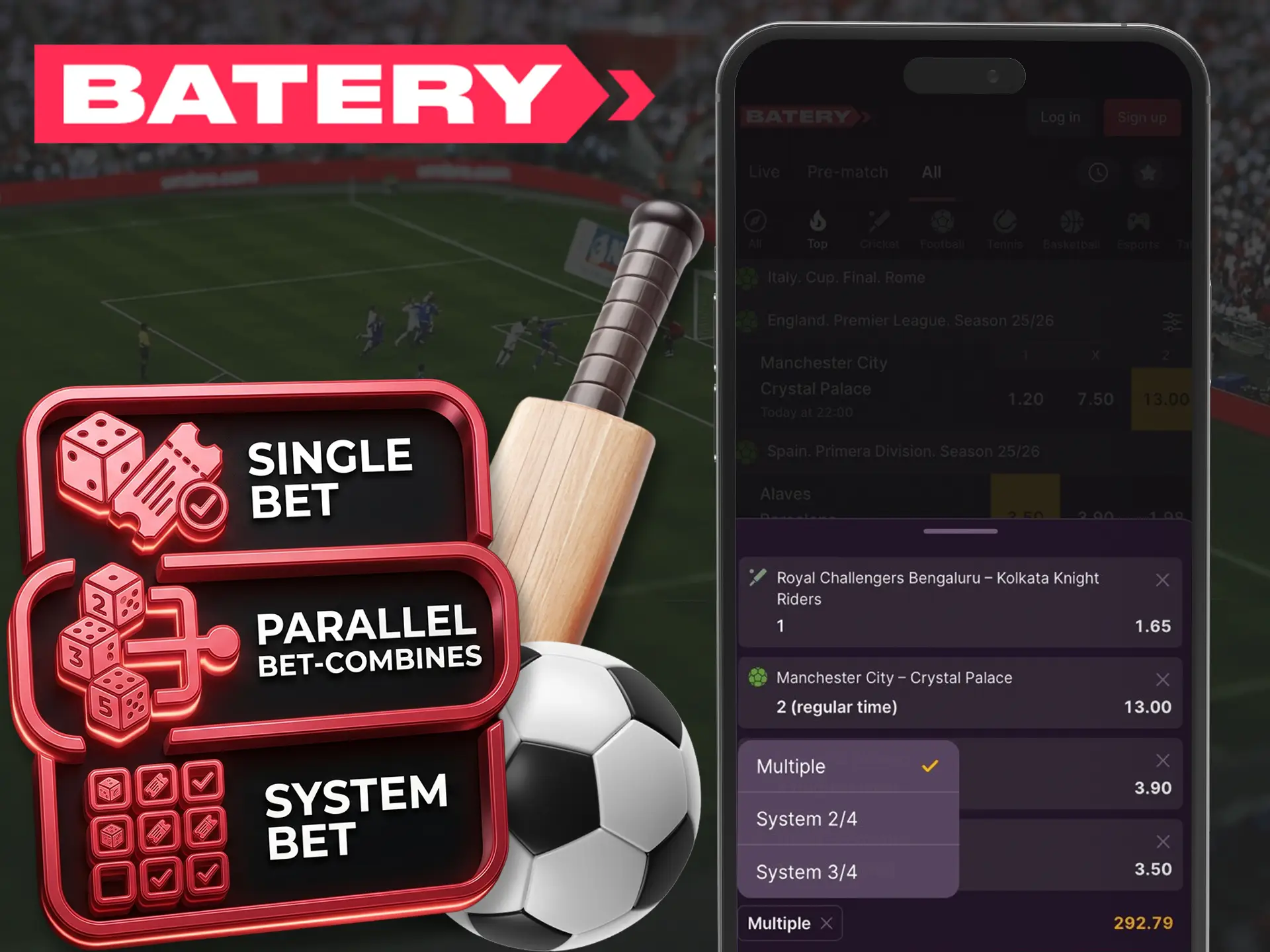 Various betting markets available in the Batery mobile app.