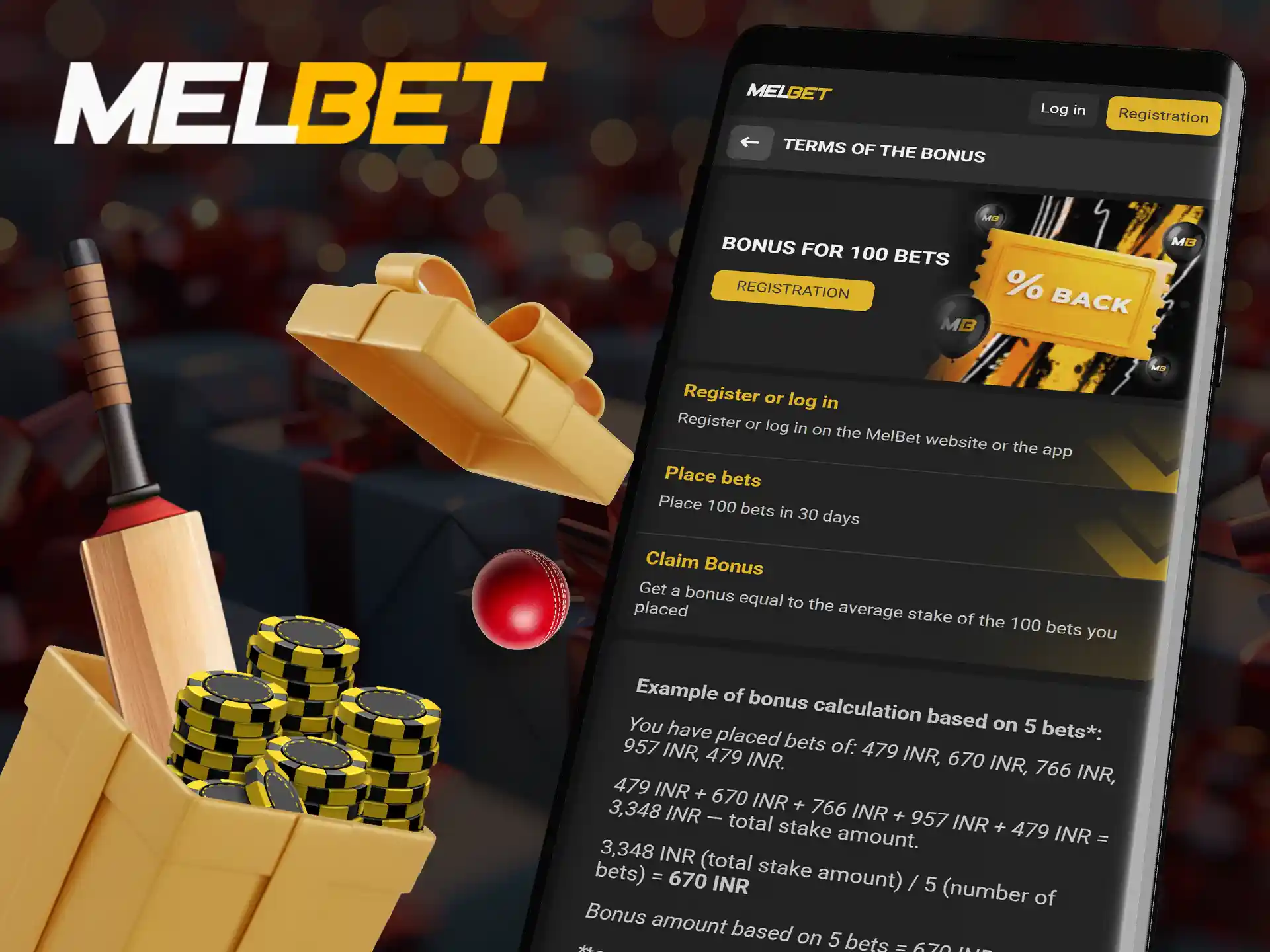 Melbet app bonus reward for placing 100 bets.