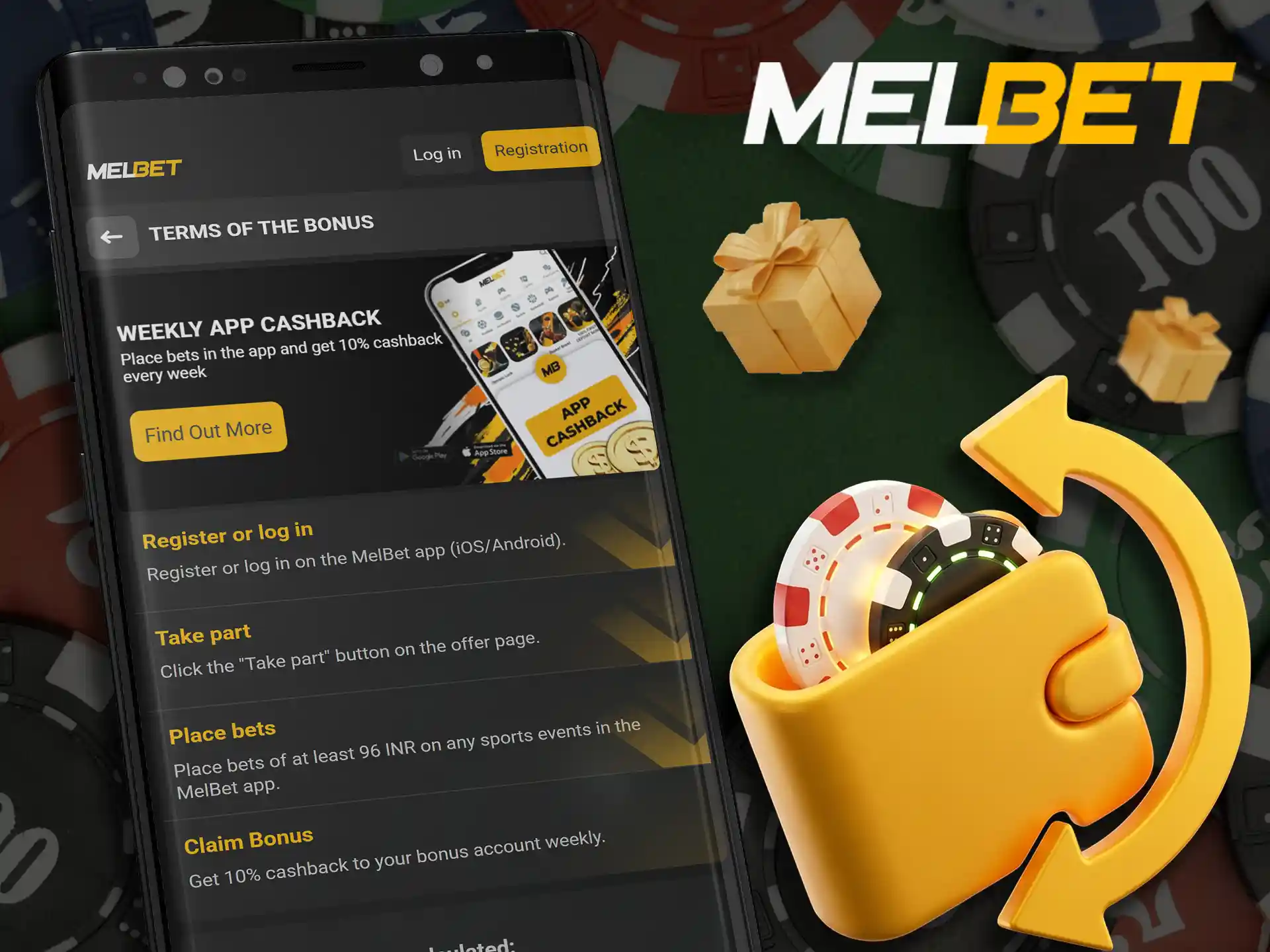 Weekly cashback rewards program on the Melbet app.