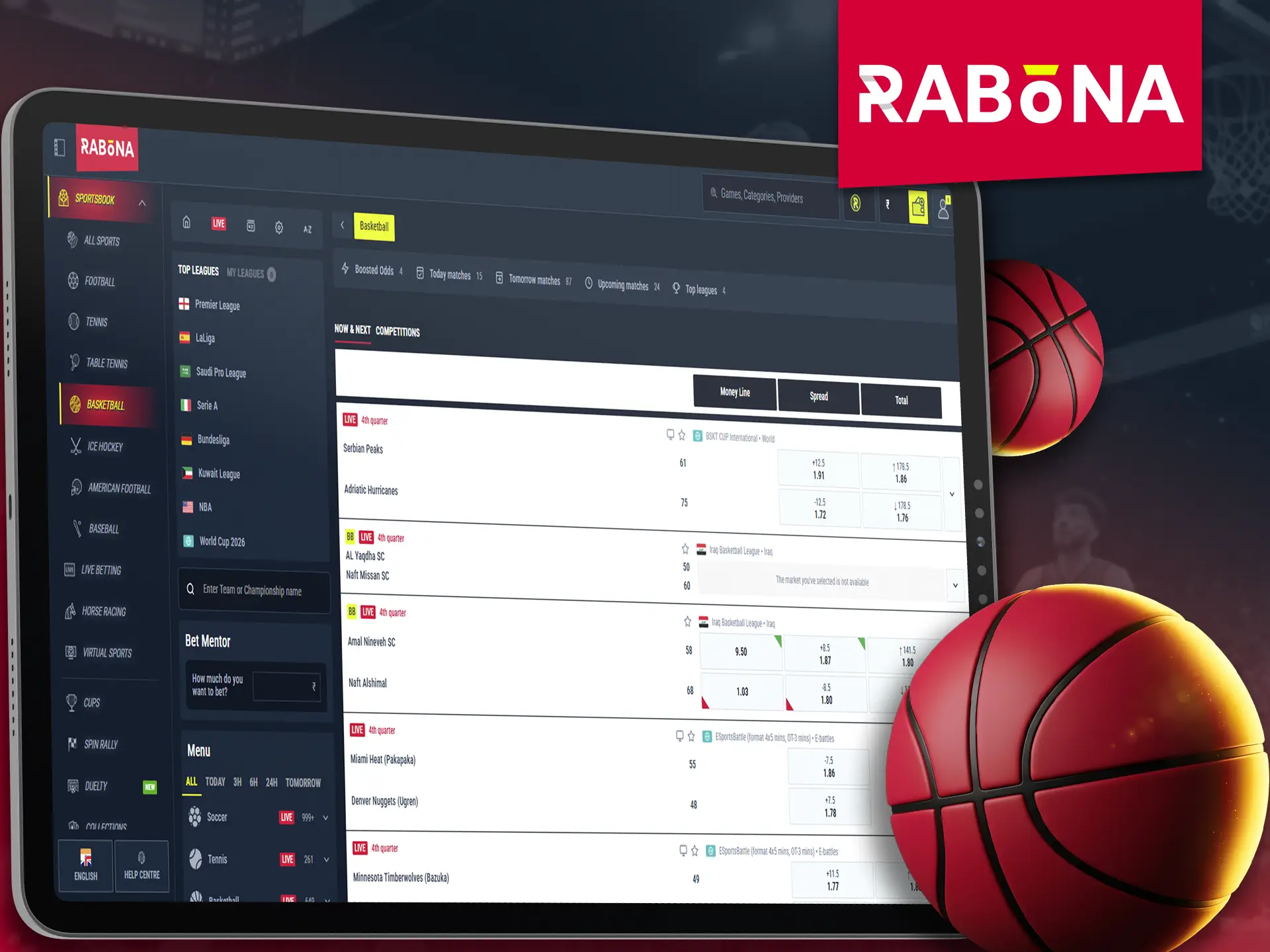 Bet on your favorite teams in Rabona basketball section.
