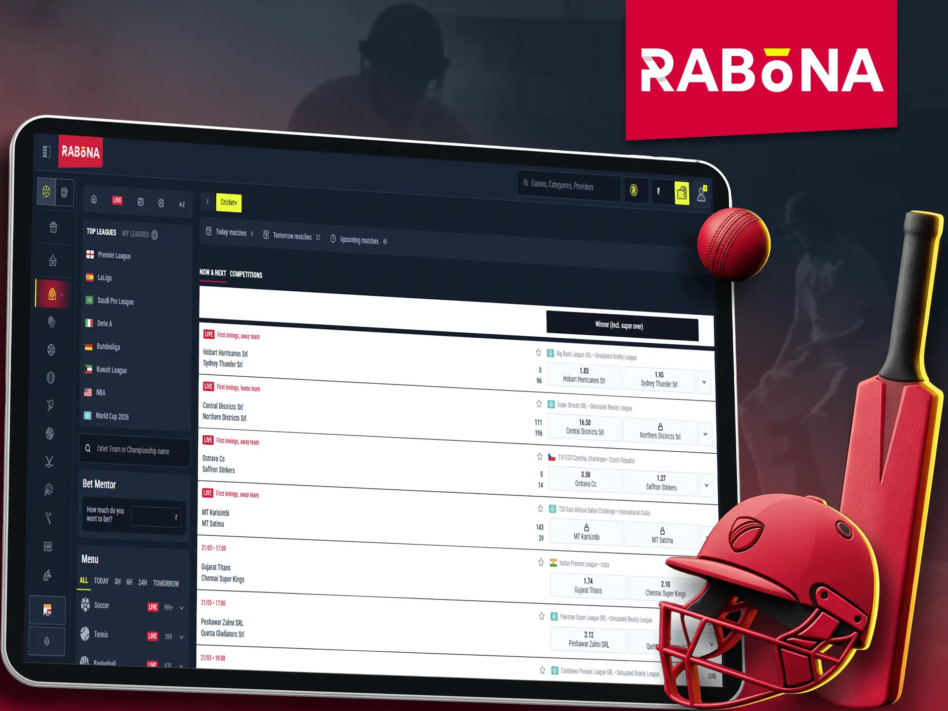 Cricket betting options and best odds available on Rabona.