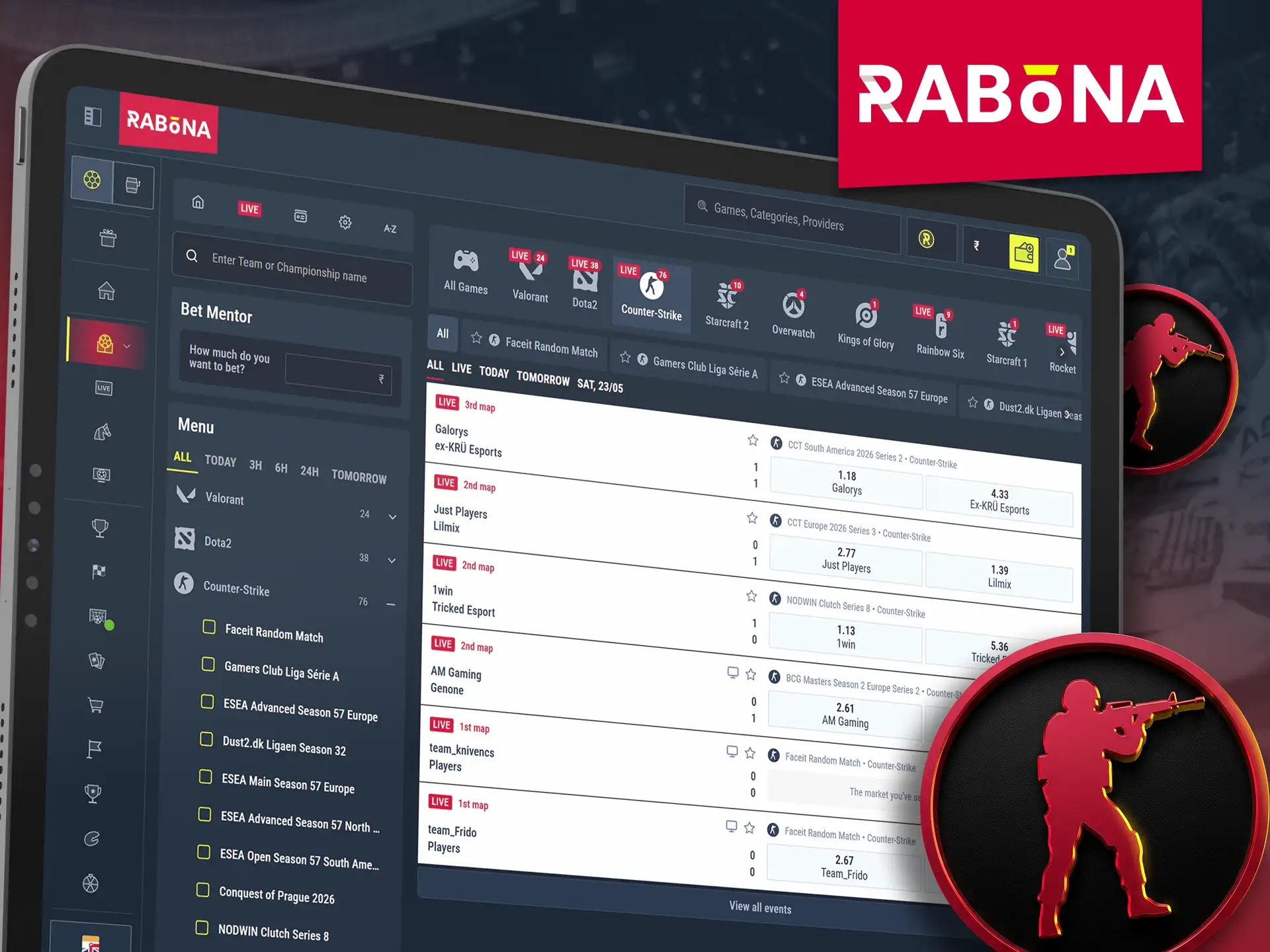 Enjoy betting on competitive CS 2 tournaments with Rabona.