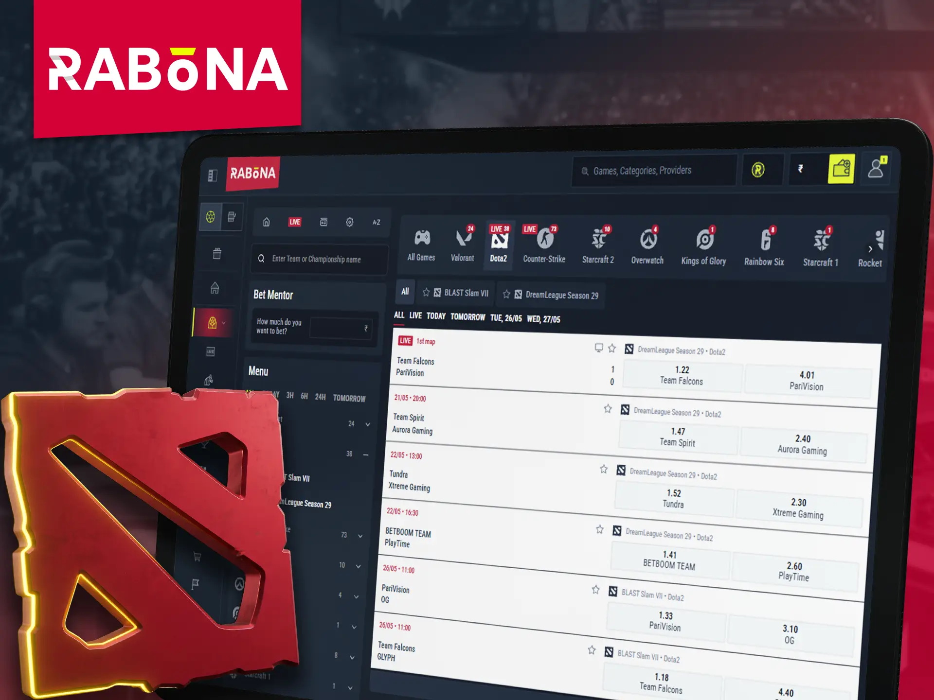 Start betting on thrilling Dota 2 matches via Rabona.