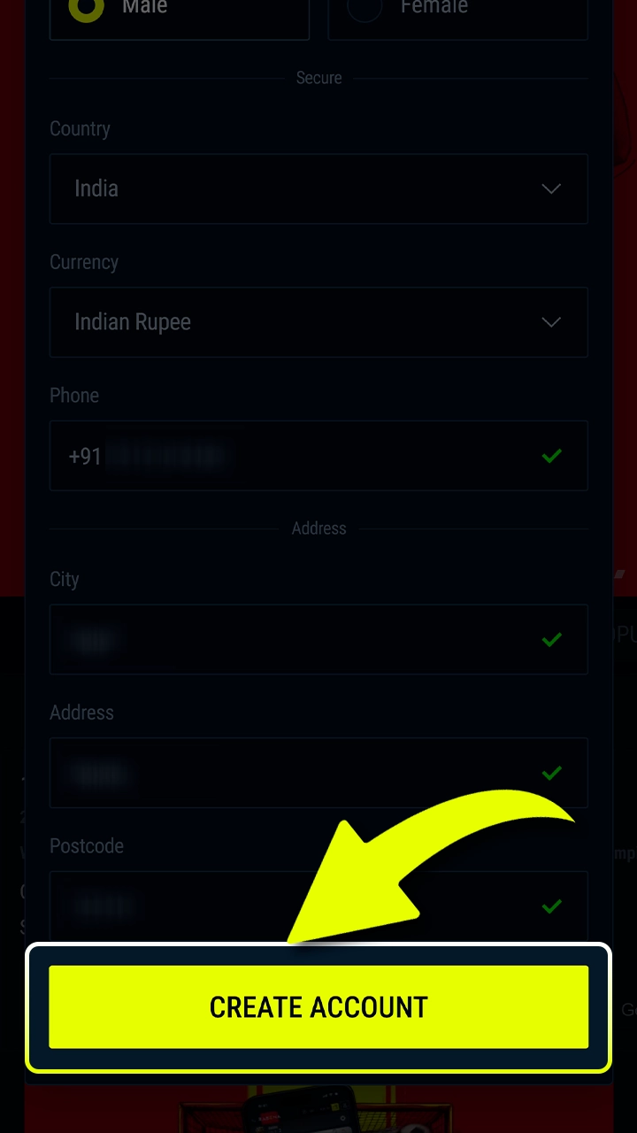 Final step to successfully create your new Rabona account.
