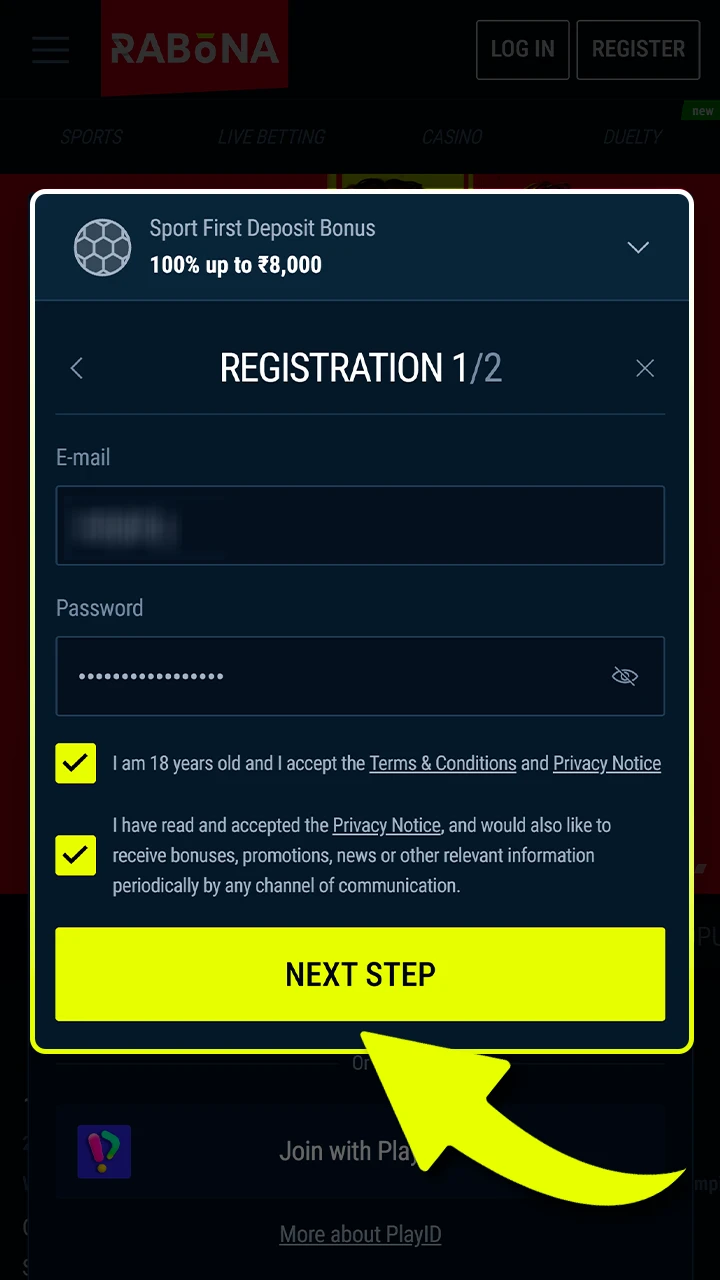 Step two requires entering email and password on Rabona.