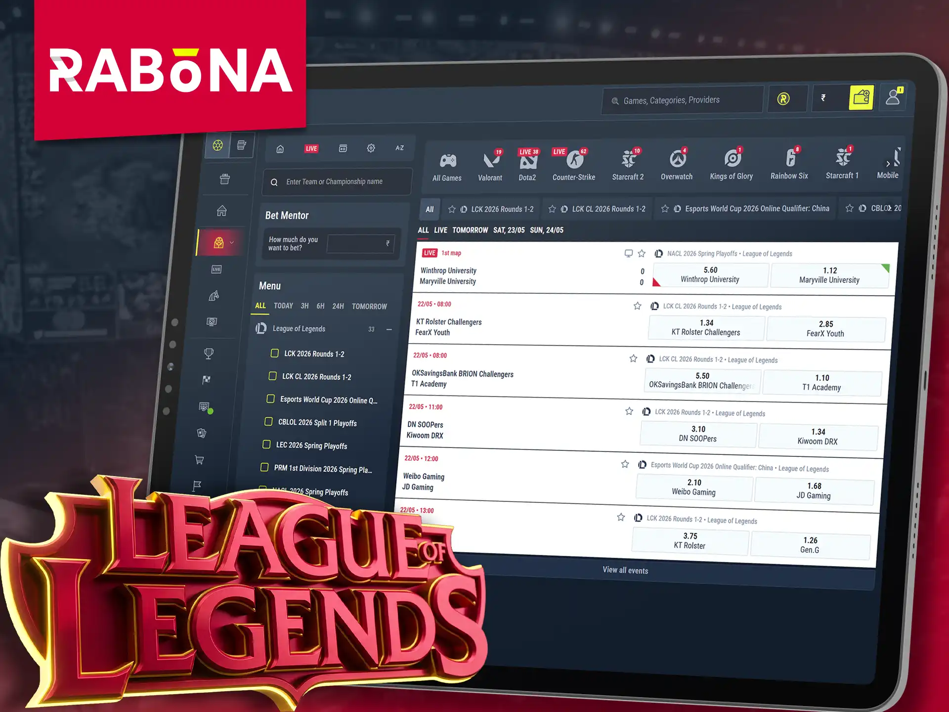 Place profitable bets on LoL games using Rabona.