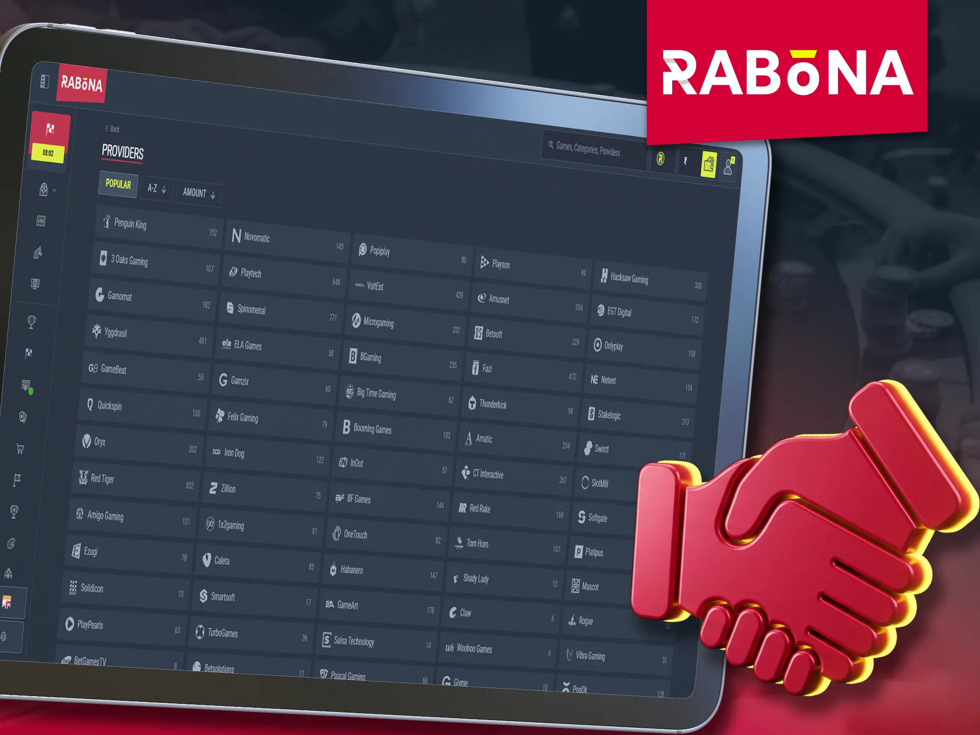 Top casino game providers available on the Rabona website.